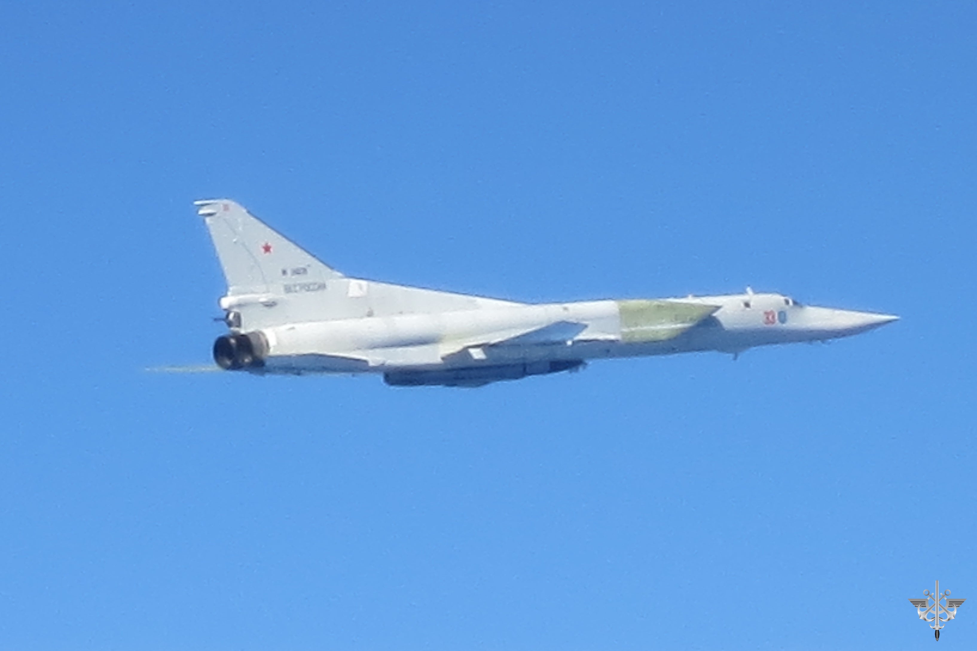 Russian supersonic Tu-22M3 strategic bomber flies over the Baltic Sea