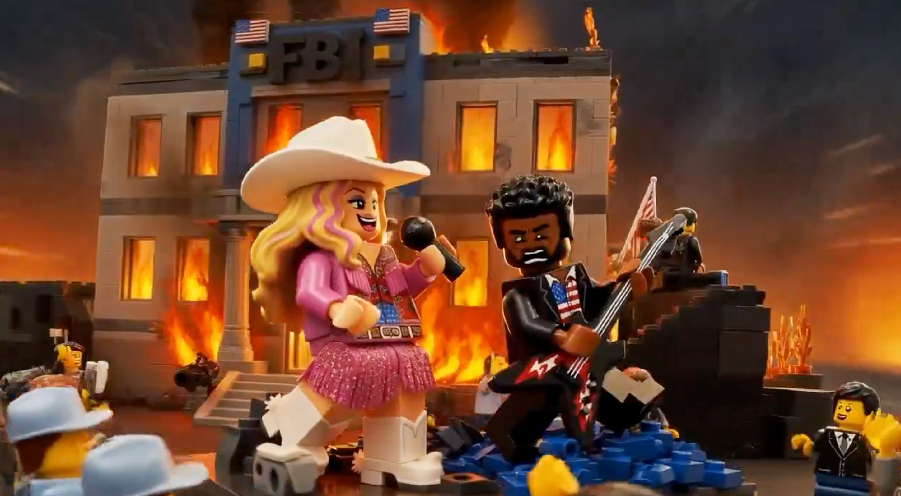 The AI-generated music video depicts Patel and his girlfriend, country musician Alexis Wilkins, performing as the FBI building burns.