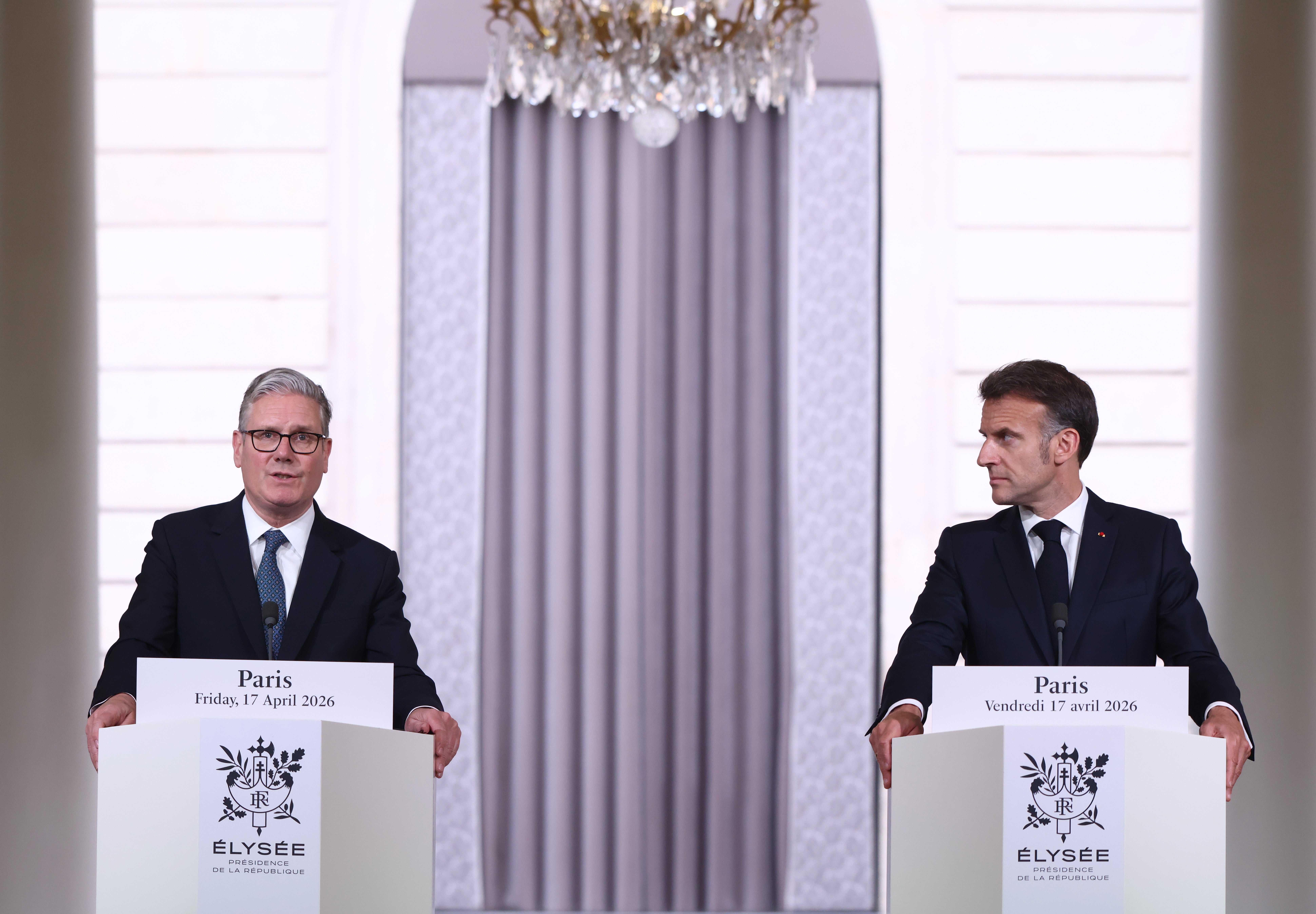 Prime Minister Sir Keir Starmer and French President Emmanuel Macron at a press conference following a multinational coalition summit to facilitate shipping in the Strait of Hormuz once the US-Iran war ends