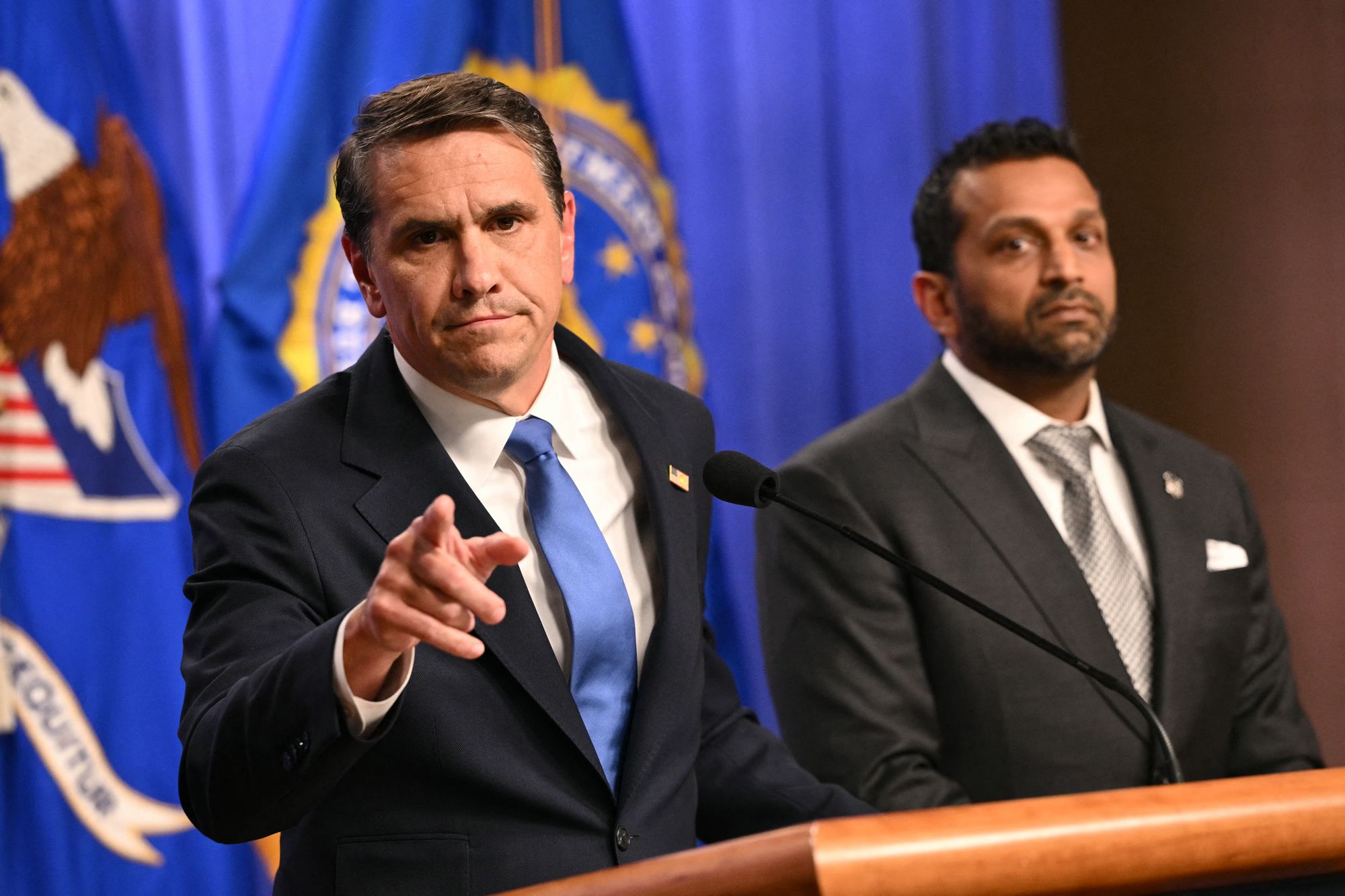Acting Attorney General Todd Blanche and FBI Director Kash Patel assailed reporters who questioned the nation’s top law enforcement officials about allegations of Patel’s behavior as reported by The Atlantic
