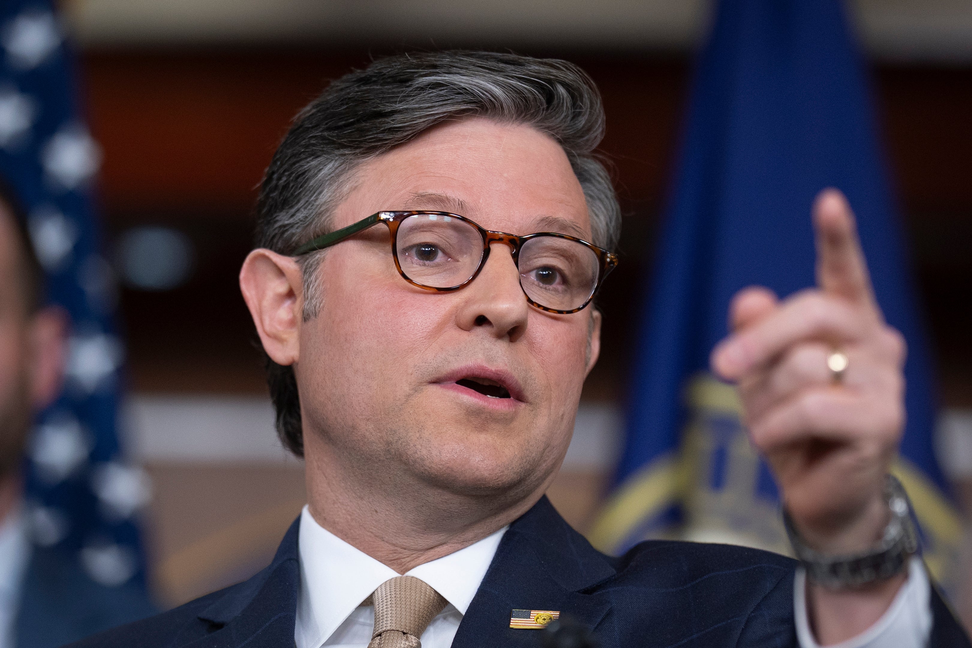 Speaker of the House Mike Johnson takes questions at a news conference following a closed-door GOP meeting at the Capitol in Washington, Tuesday, April 21, 2026.