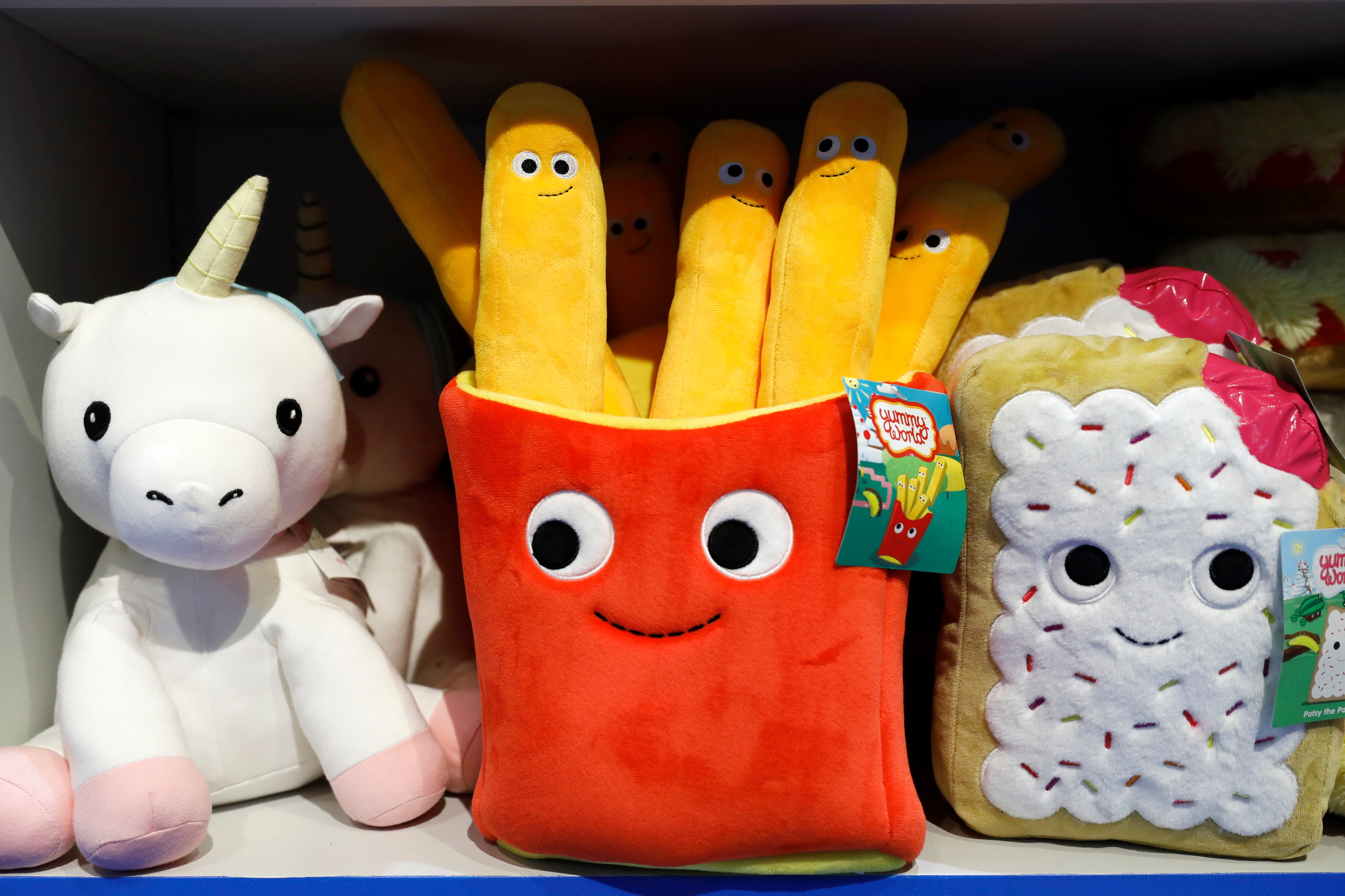 Plush toys are displayed at a Camp store in New York