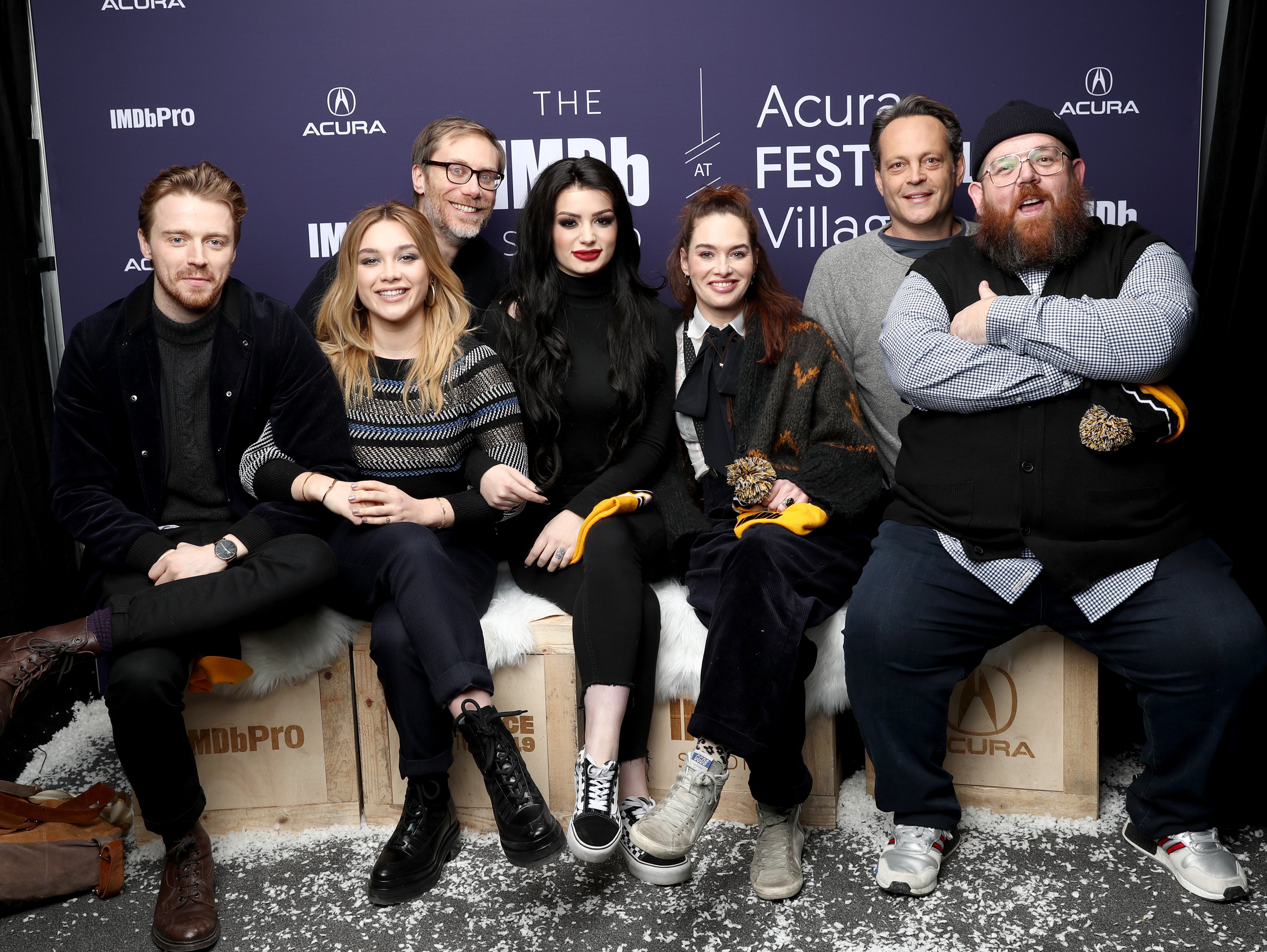 Jack Lowden, Florence Pugh, Stephen Merchant, Paige, Lena Headey, Vince Vaughn, and Nick Frost of 'Fighting With My Family' in 2019