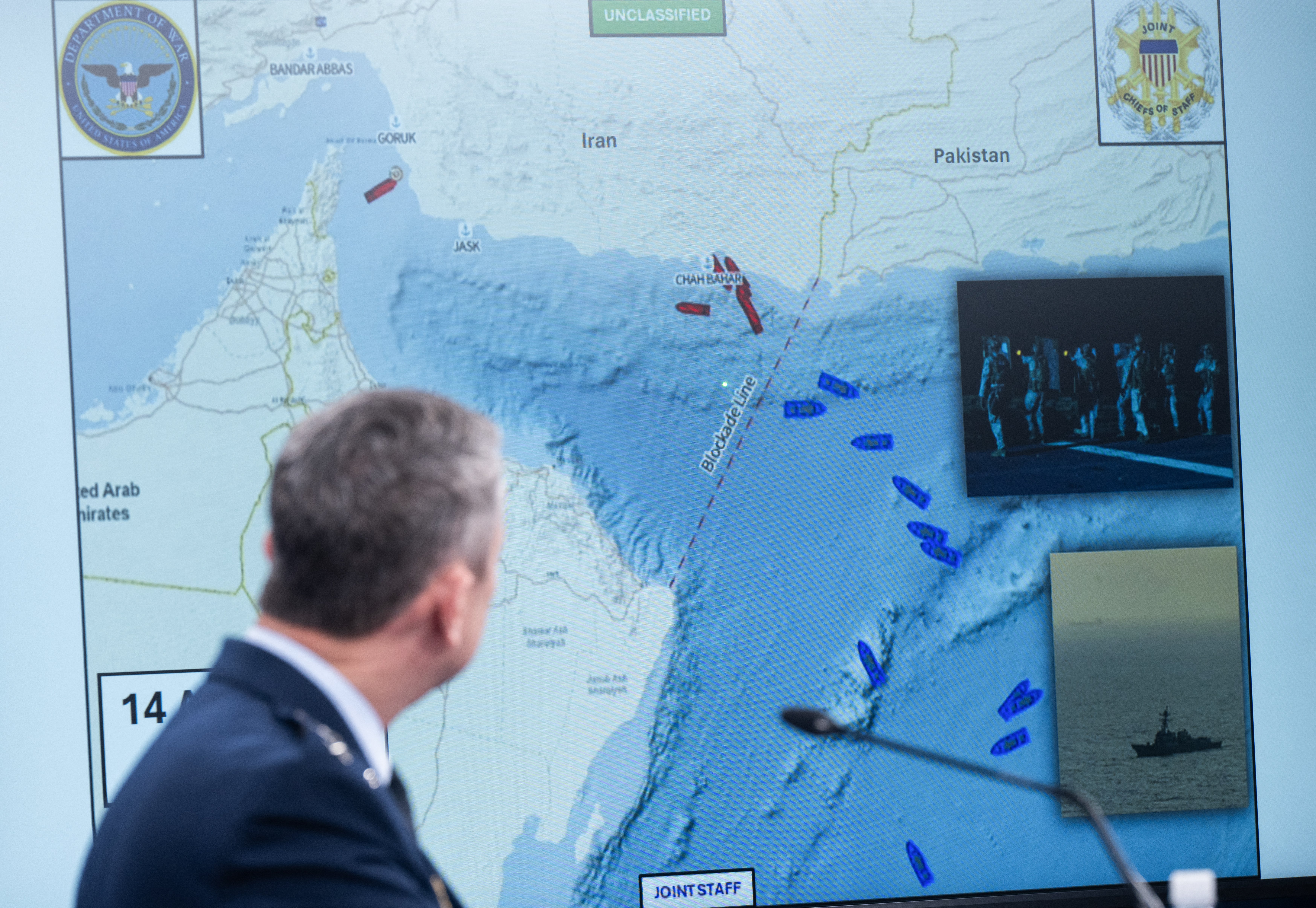 US chair of the Joint Chiefs of Staff General Dan Caine speaks in front of a map of the Strait of Hormuz during a press briefing at the Pentagon, in Arlington, Virginia