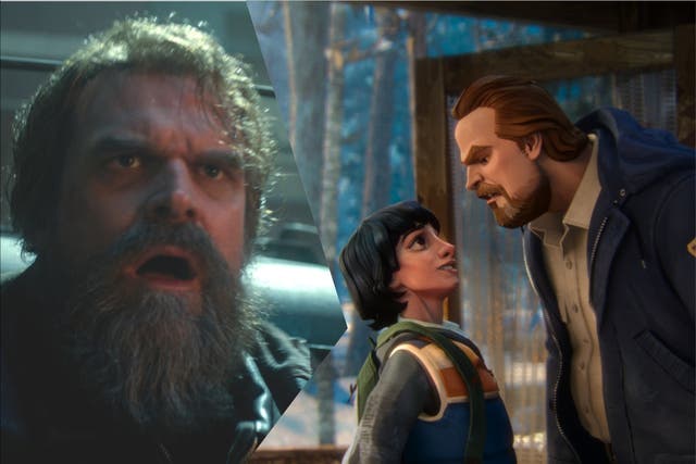 <p>David Harbour como Jim Hopper en ‘Stranger Things’ (izquierda) y su versión animada, con la voz de Brett Gipson, junto a Mike Wheeler (Luca Diaz) en ‘Relatos del 85 (derecha) (Netflix)</p>