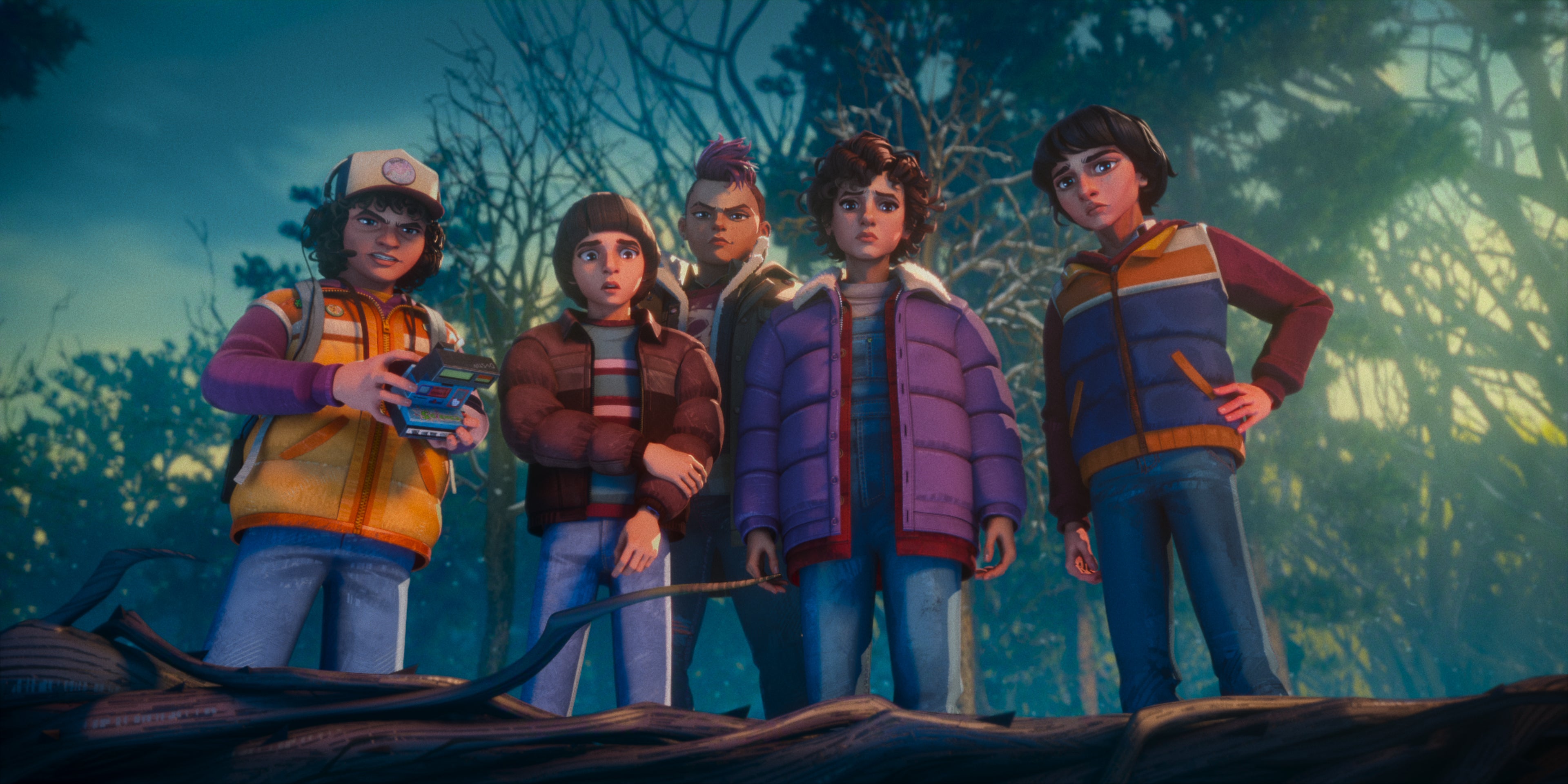 Braxton Quinney como Dustin, Benjamin Plessala como Will, Brooklyn Davey Norstedt como Eleven e Luca Diaz como Mike em 'Stranger Things: Tales From '85'