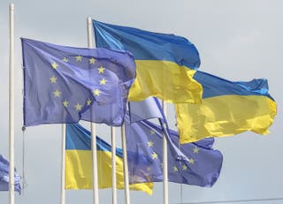 Ukrainian and European flags fly amid Russia's attack on Ukraine in central Kyiv