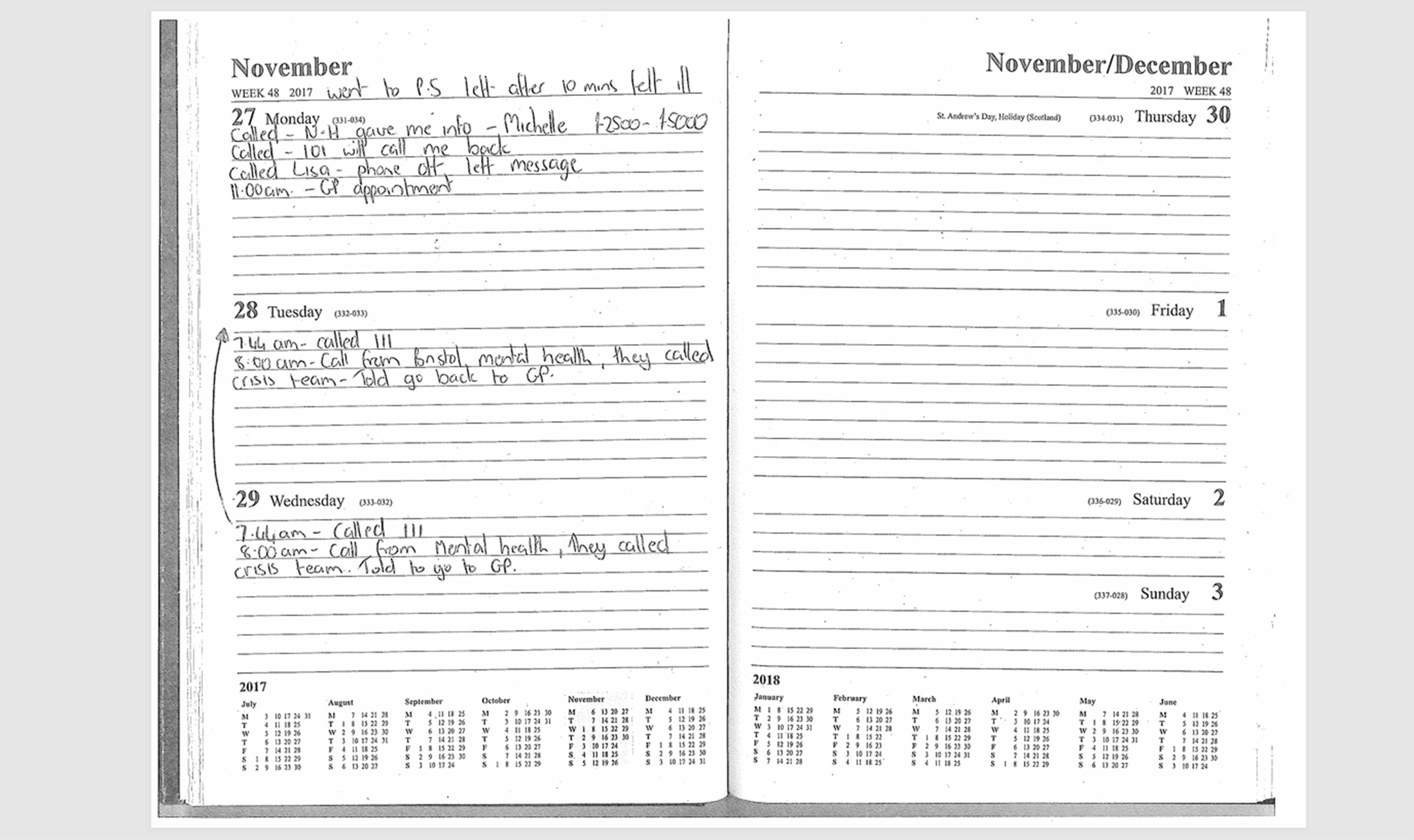 A page from Tarryn Baird's diary shows she called 111 and her mental health team before she died in November 2017