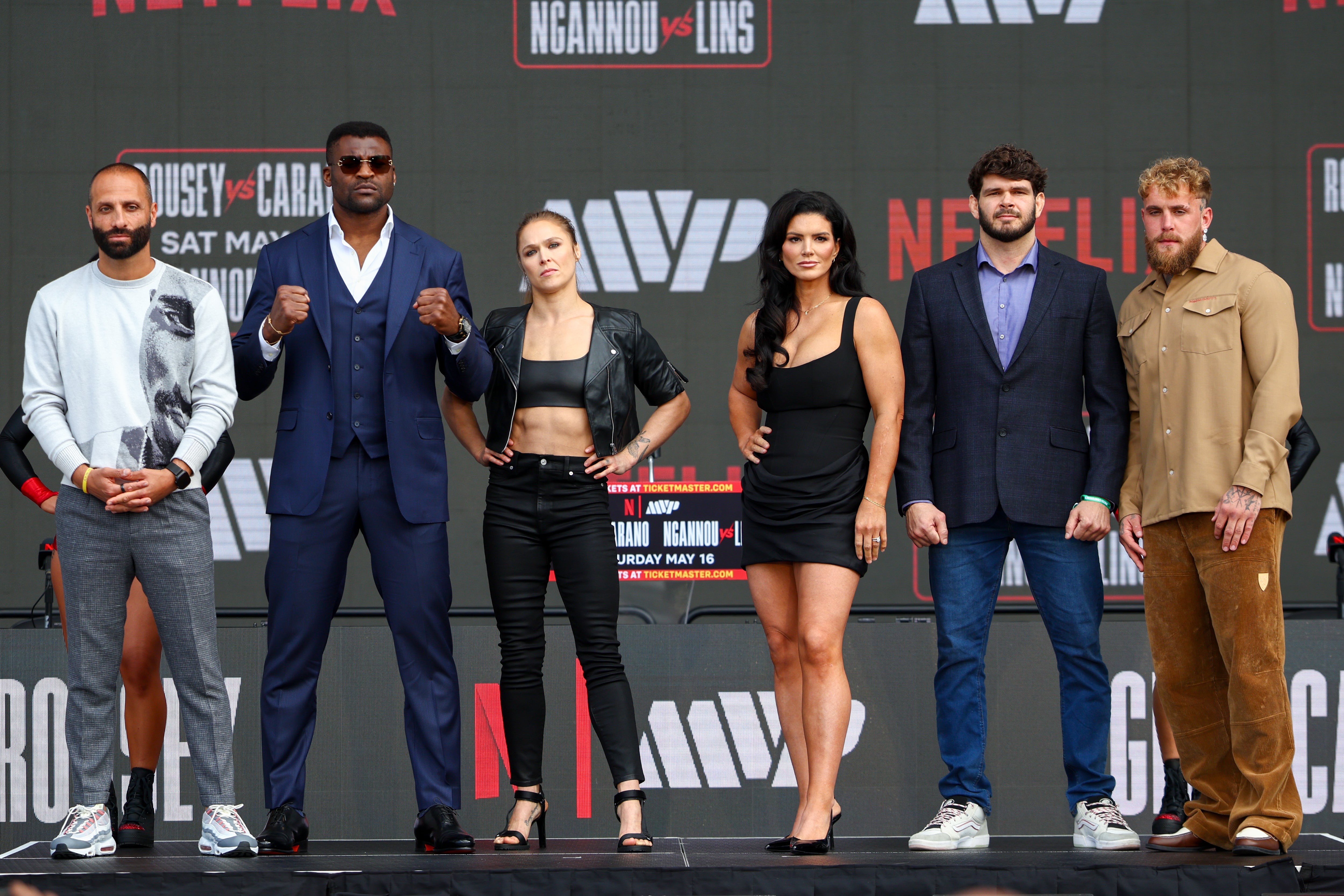 L-R: Nakisa Bidarian, Francis Ngannou, Rousey, Carano, Philipe Lins and Jake Paul