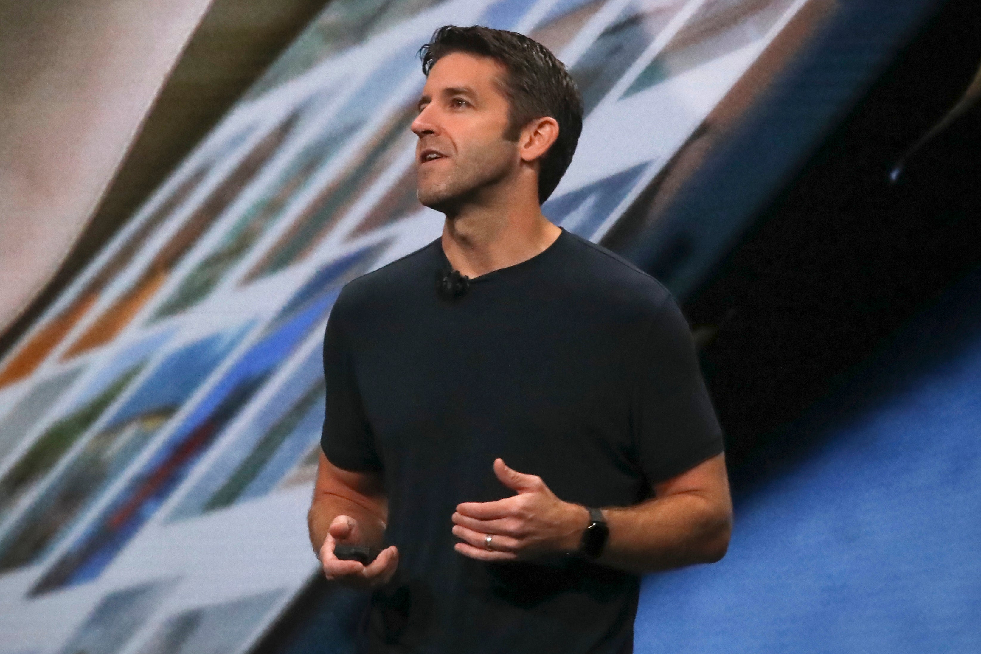 John Ternus, then Apple's vice president of hardware engineering, announces new iPad features at an Apple event in Brooklyn, October 2018