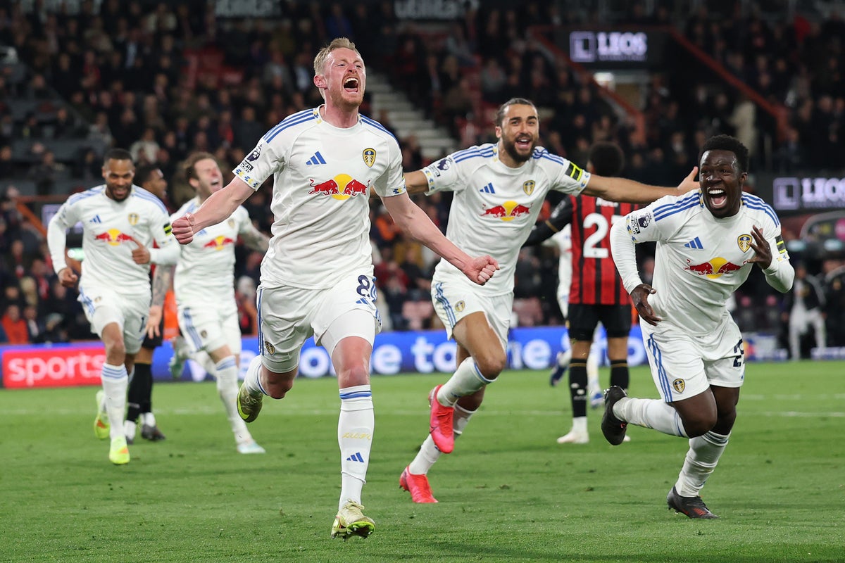 Leeds’ dramatic equaliser at Bournemouth puts them in touching distance of Premier League safety