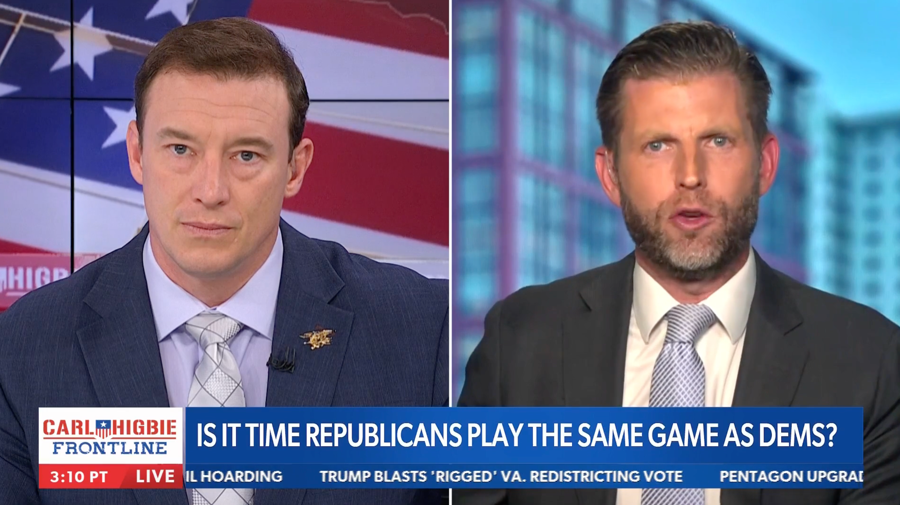 Eric Trump rages against opposition Democrats on Carl Higbie's Newsmax show, accusing them of habitually 'cheating'