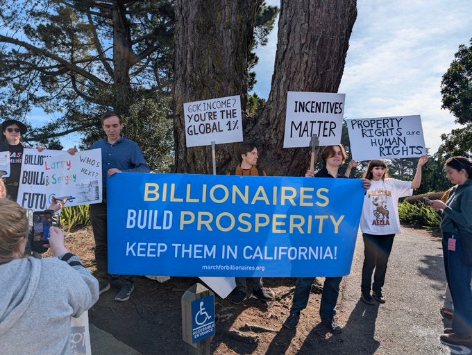 Start-up founder Derik Kauffman organized the March for Billionaires through San Francisco in February in an effort to call attention to the good the region’s top earners have done for the state