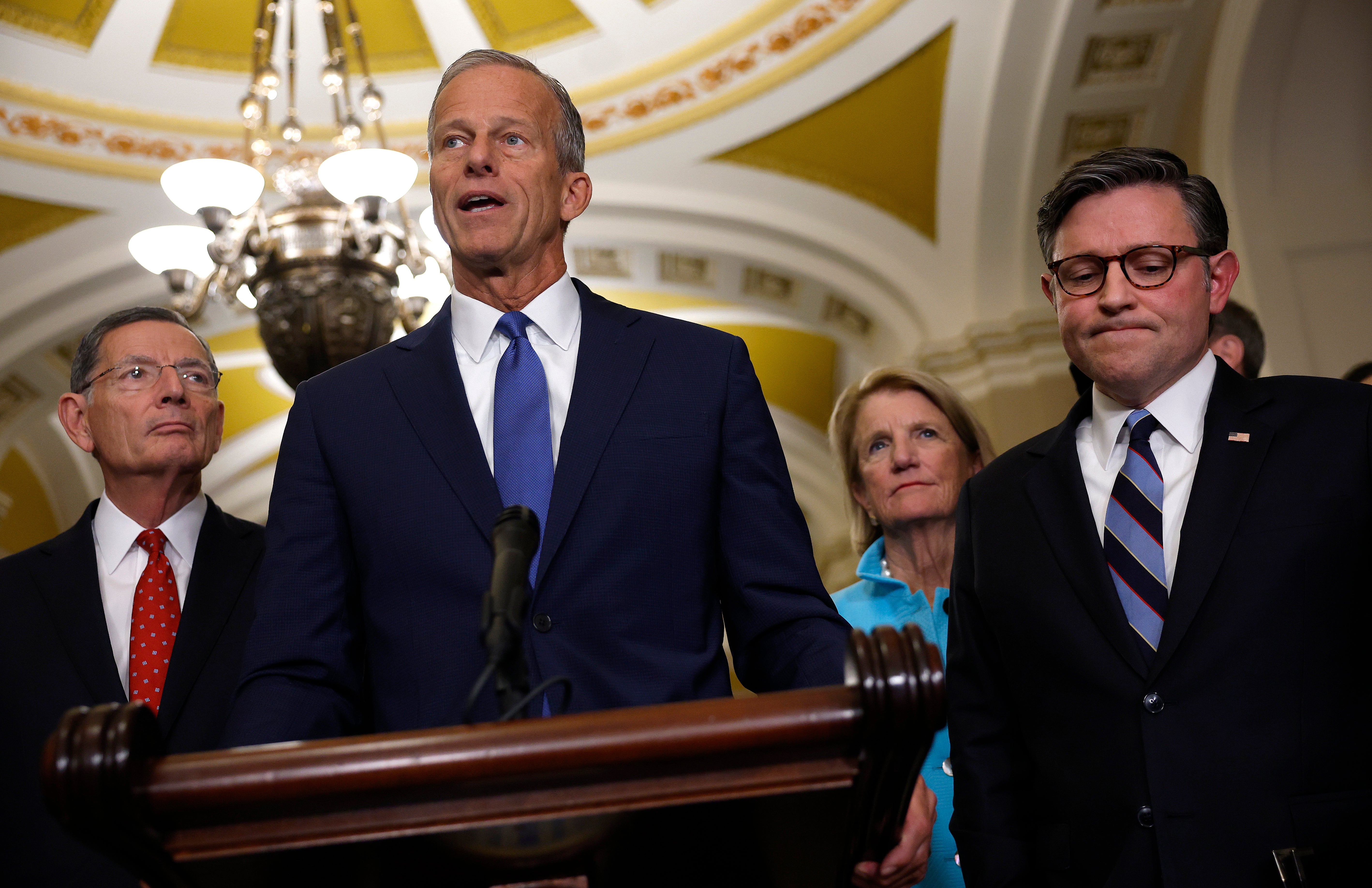 According to the latest Gallup survey, 86 percent of Americans disapprove of Congress. Pictured here are Senate Majority Leader John Thune (center) and House Speaker Mike Johnson (right)
