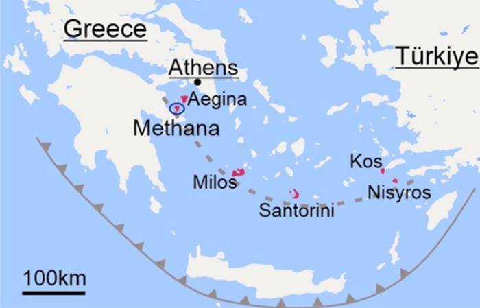 Map shows the South Aegean Volcanic Arc and the locations of the main volcanic areas