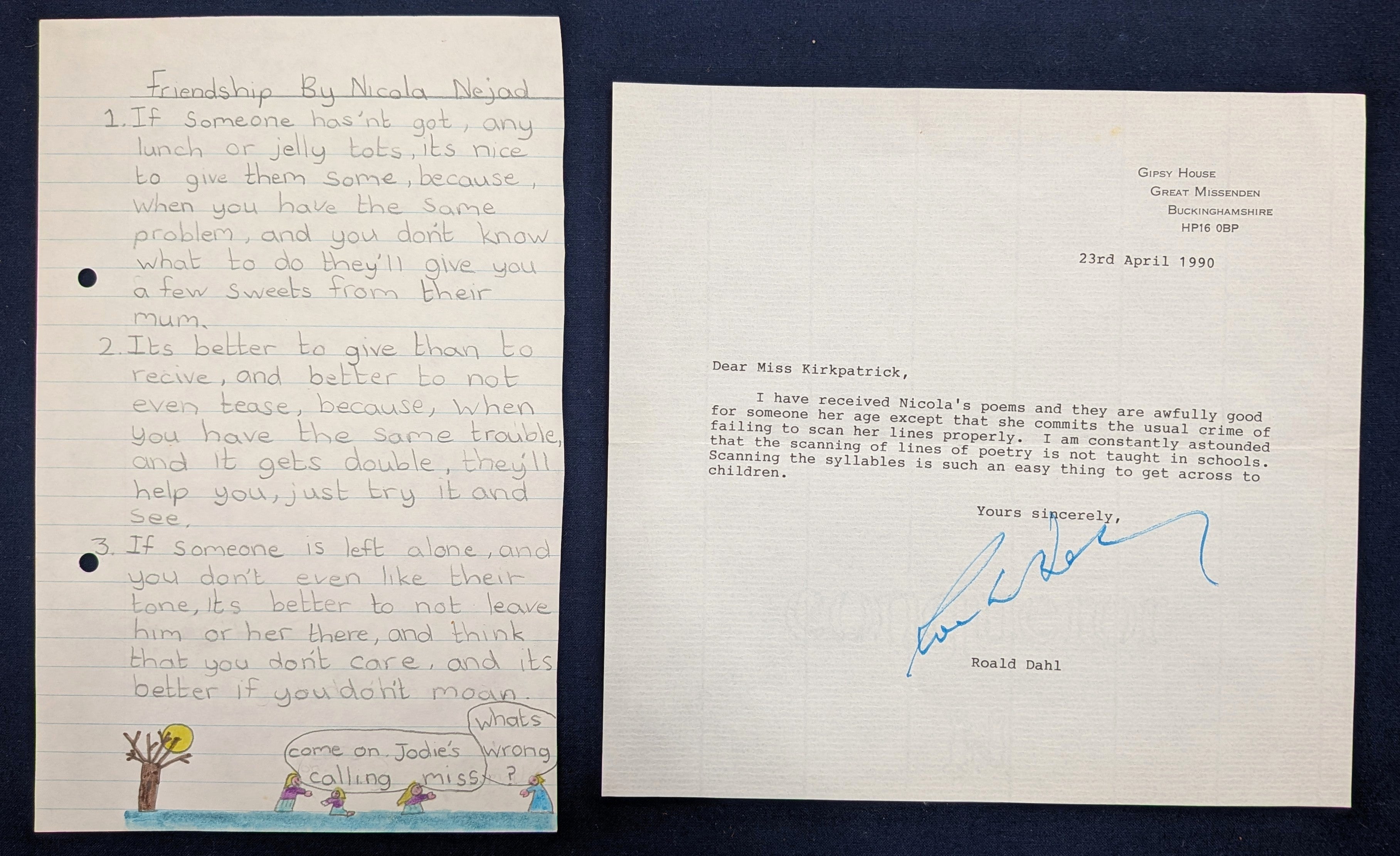Roald Dahl's harsh letter criticizing the work of a female student who wrote poetry to him was revealed after 36 years
