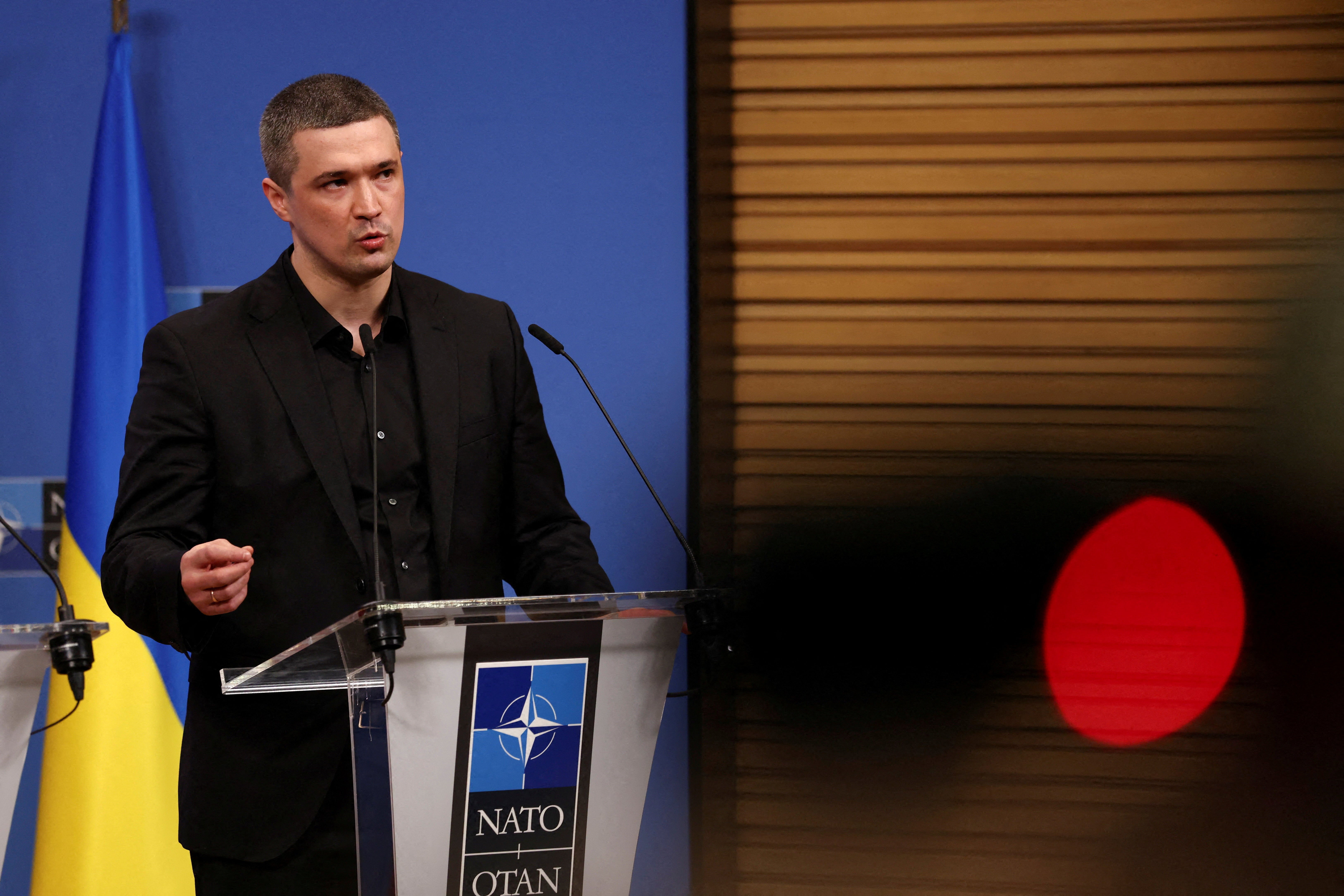 Ukraine's defence minister Mykhailo Fedorov speaks to the media on the day of a Ukraine Defence Contact Group meeting, at the Nato headquarters in Brussels
