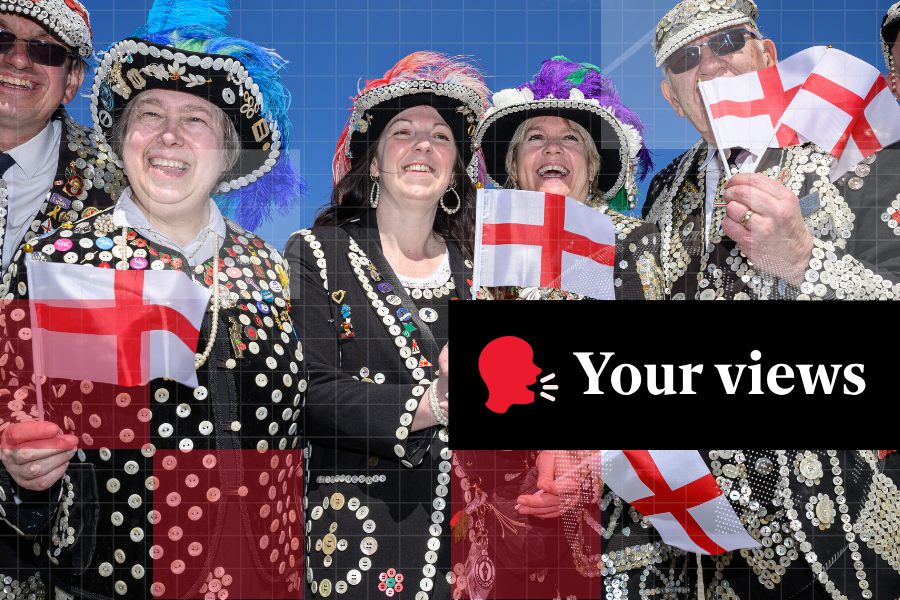 A group of traditional London Pearly Kings and Queens pose for photographs ahead of the St George's Day celebrations in Trafalgar Square