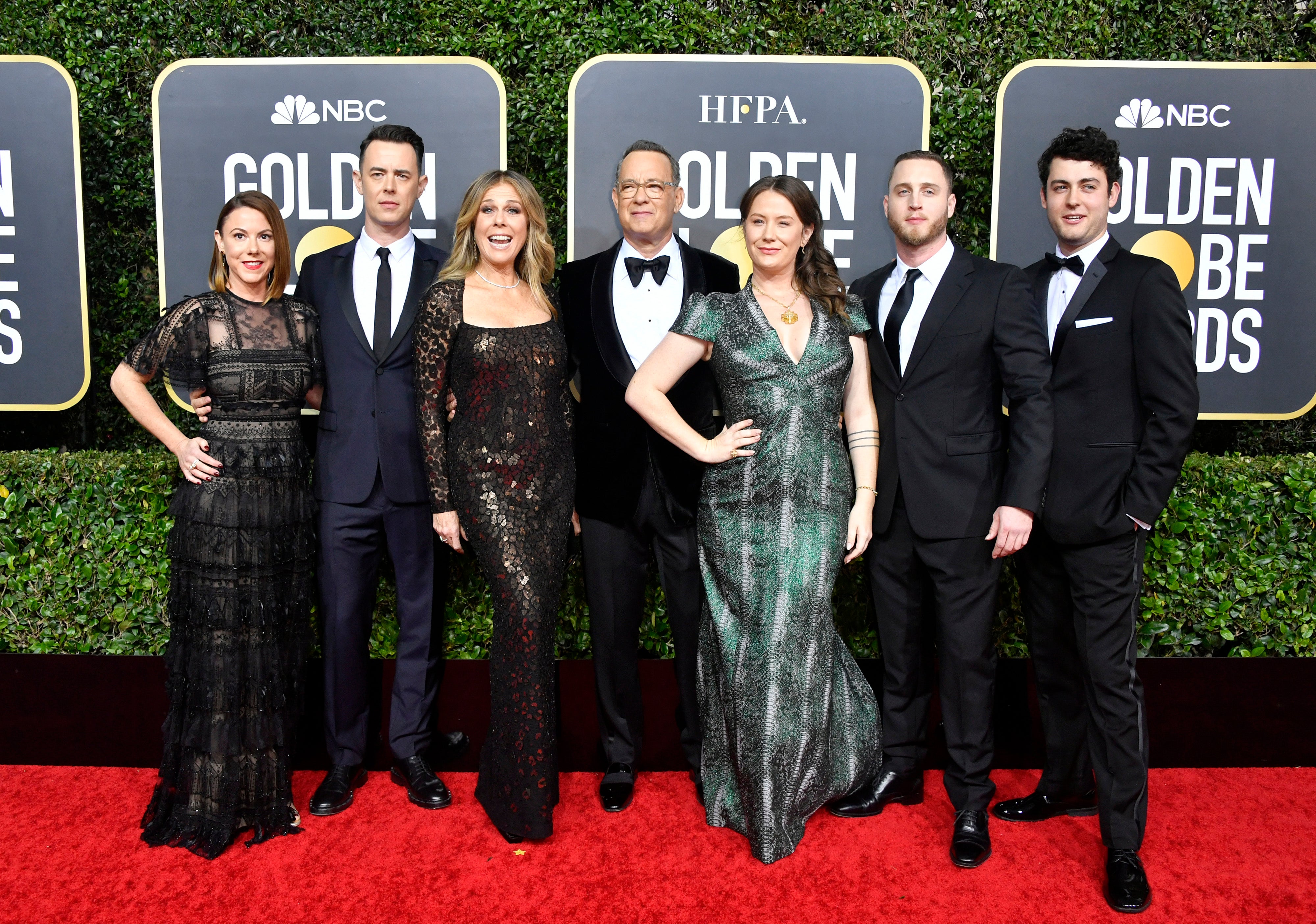 (From left) Samantha Bryant, Colin Hanks, Rita Wilson, Tom Hanks, Elizabeth Ann Hanks, Chet Hanks, and Truman Theodore Hanks at the Golden Globe Awards, 5 January 2020