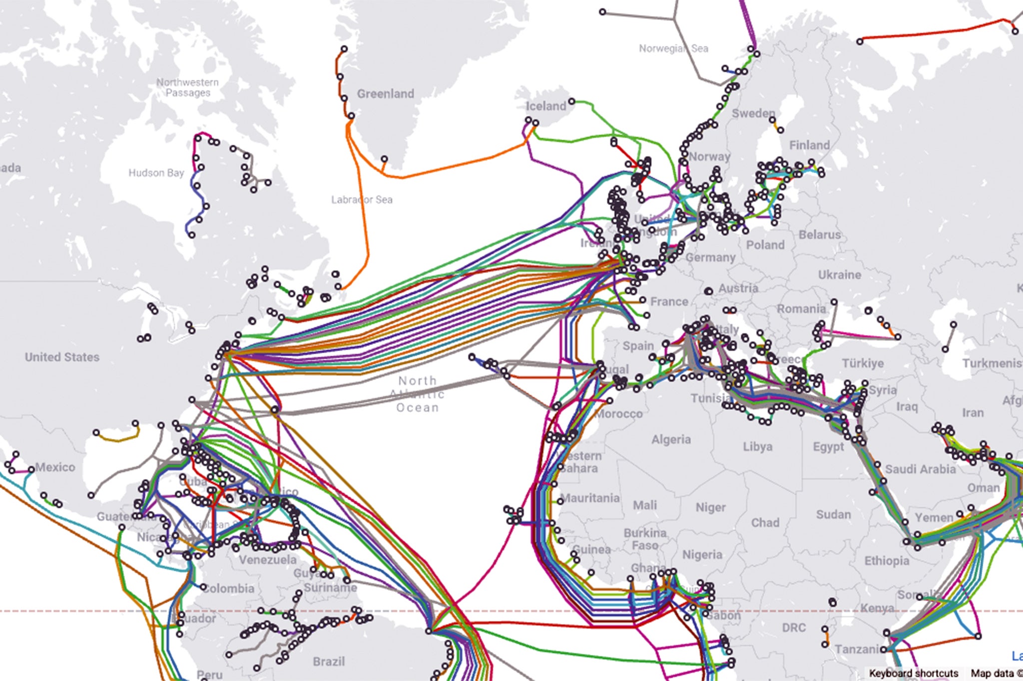 Submarine cable map undersea. Subsea cables are fibre-optic or electrical cables laid on the sea floor to transmit data and power