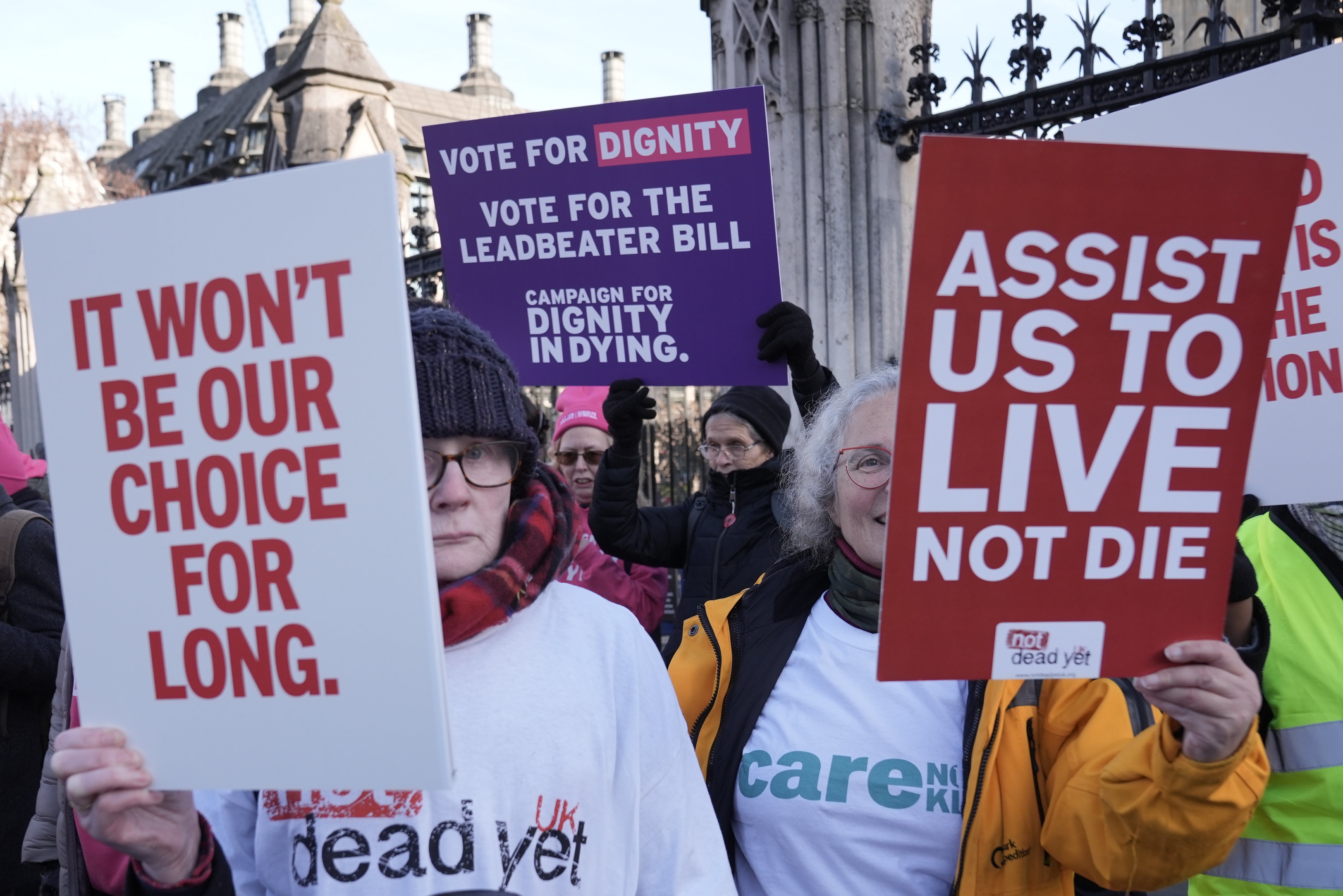Opponents and supporters of assisted dying have demonstrated outside Parliament on many occasions during the debate (Stefan Rousseau/PA)