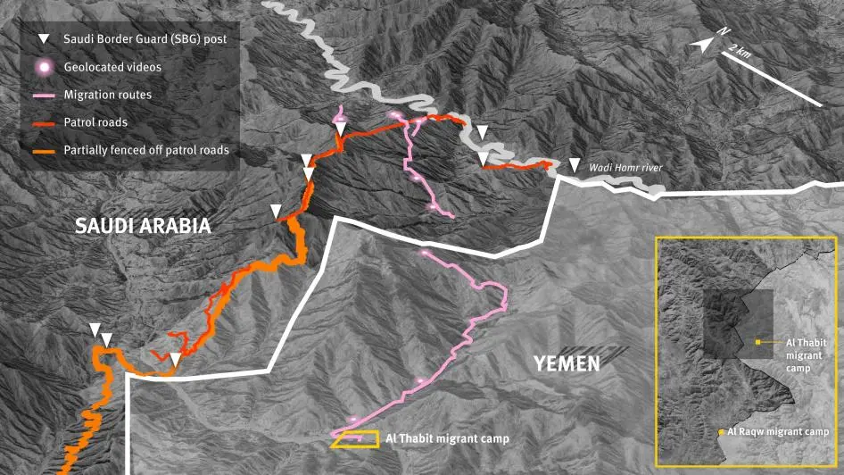 3D model of likely Saudi border guard posts and patrol roads near fences identified with satellite imagery