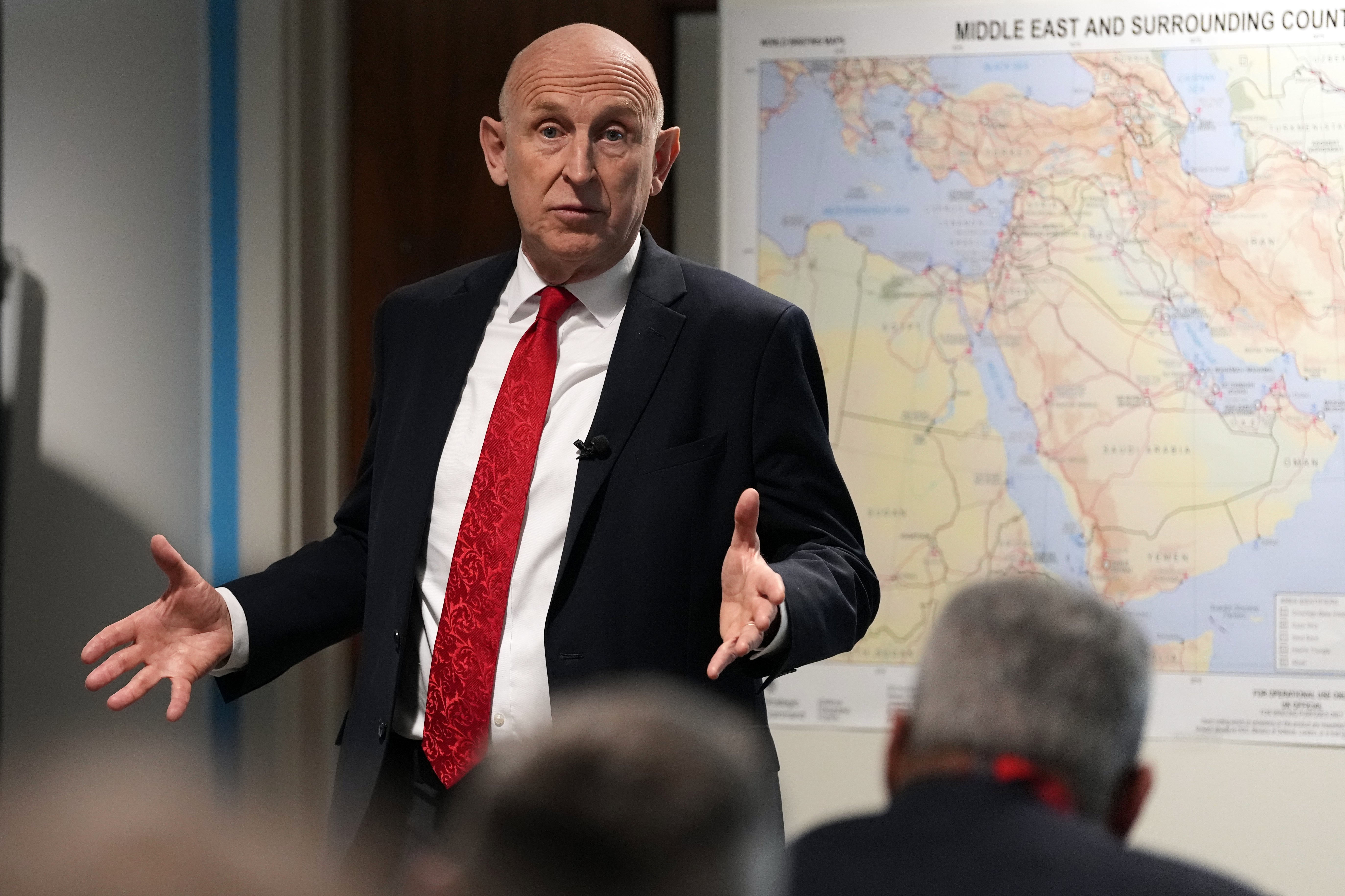 Defense Secretary John Healey speaks to military personnel gathered at UK Permanent Joint Headquarters in Northwood, London