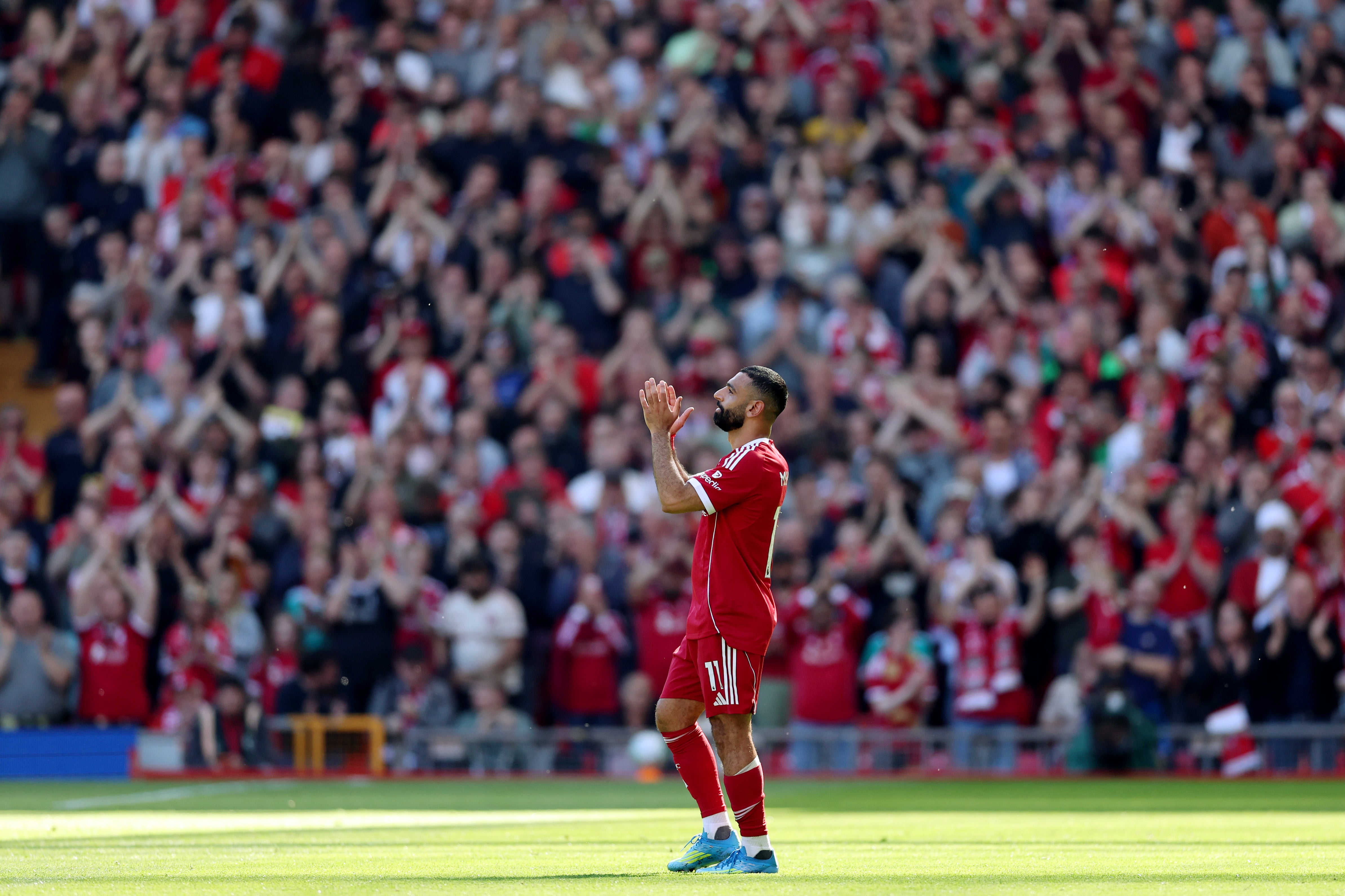 Salah applauded the Anfield crowd as he left the field