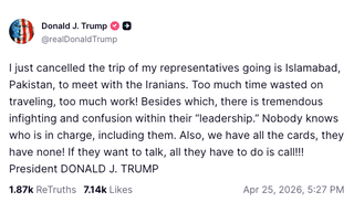Donald Trump has posted on Truth Social about his decision to cancel sending his envoys for talks with Iran.