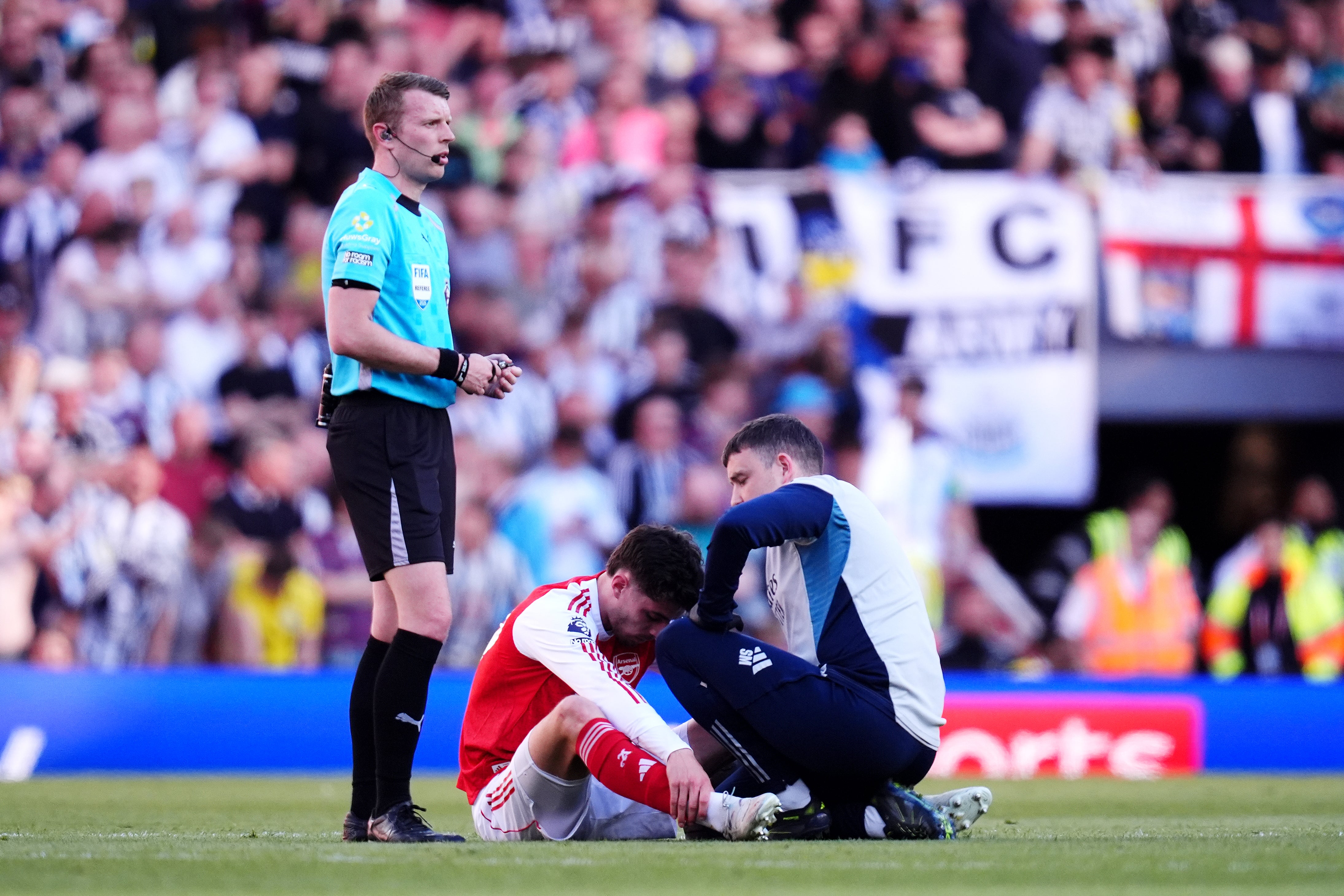 Kai Havertz receives treatment at the Emirates