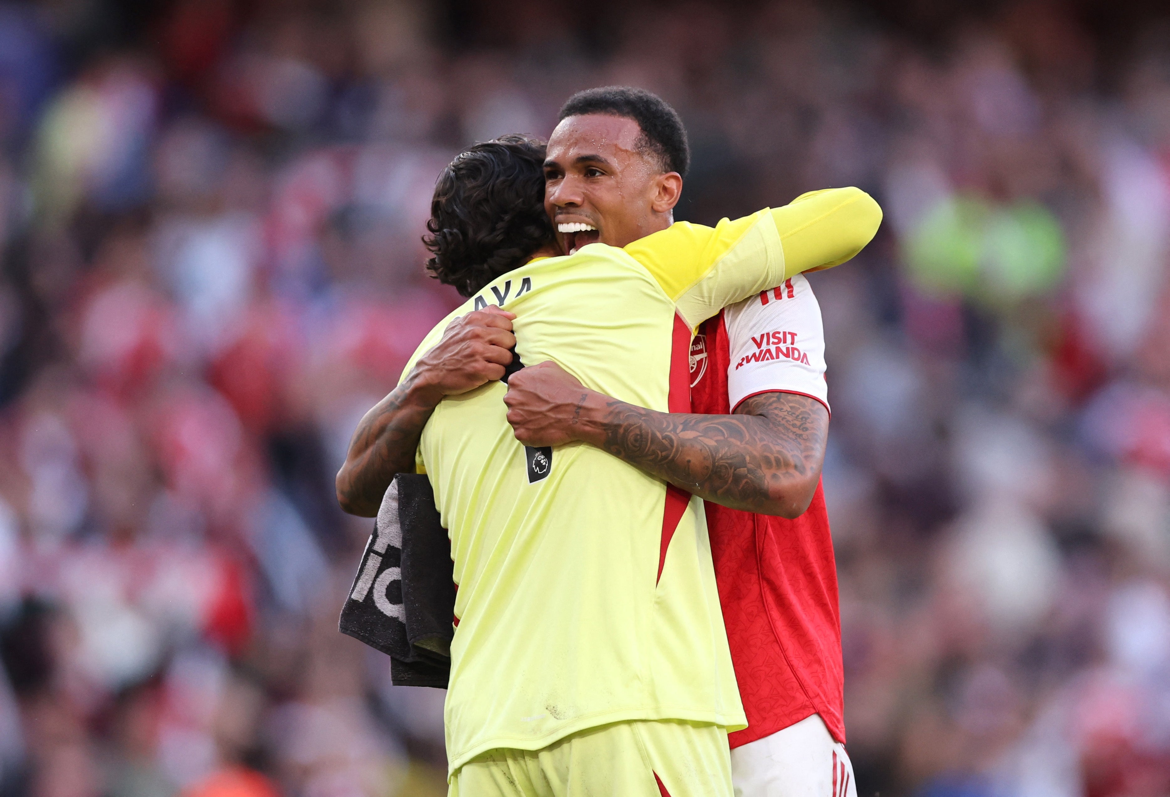 Gabriel and David Raya celebrate Arsenal’s win over Newcastle