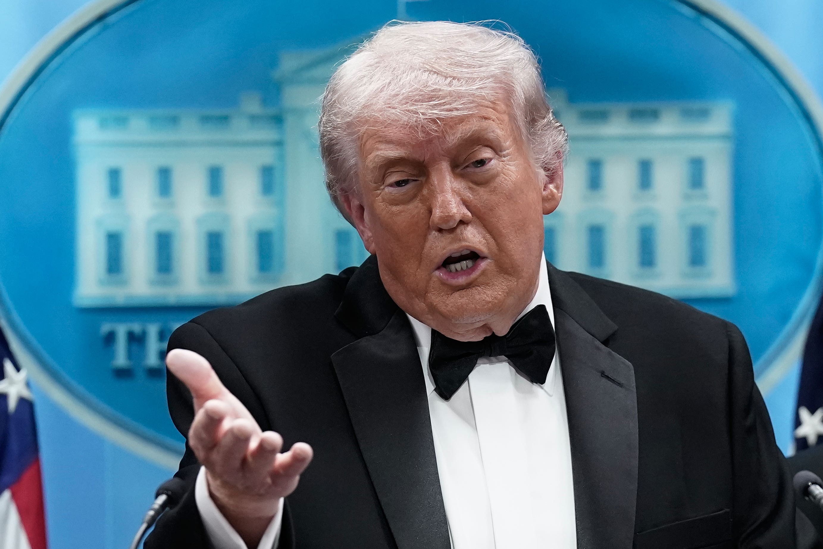 President Donald Trump speaks in the James Brady Press Briefing Room at the White House after the annual White House Correspondents’ Association Dinner was interrupted by a shooting