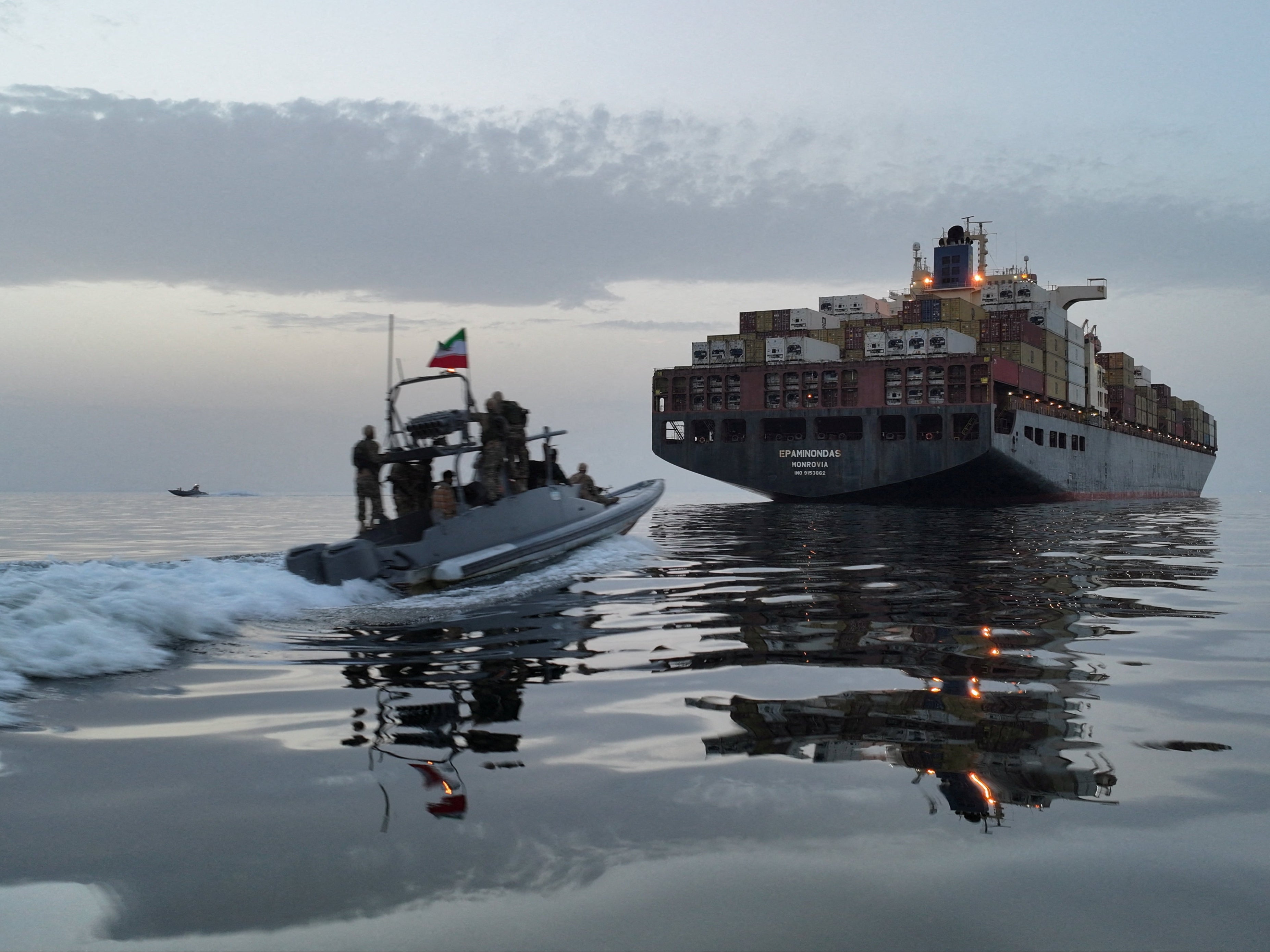 The Epaminondas ship is seen during seizure by the Islamic Revolutionary Guard Corps (IRGC) in the Strait of Hormuz