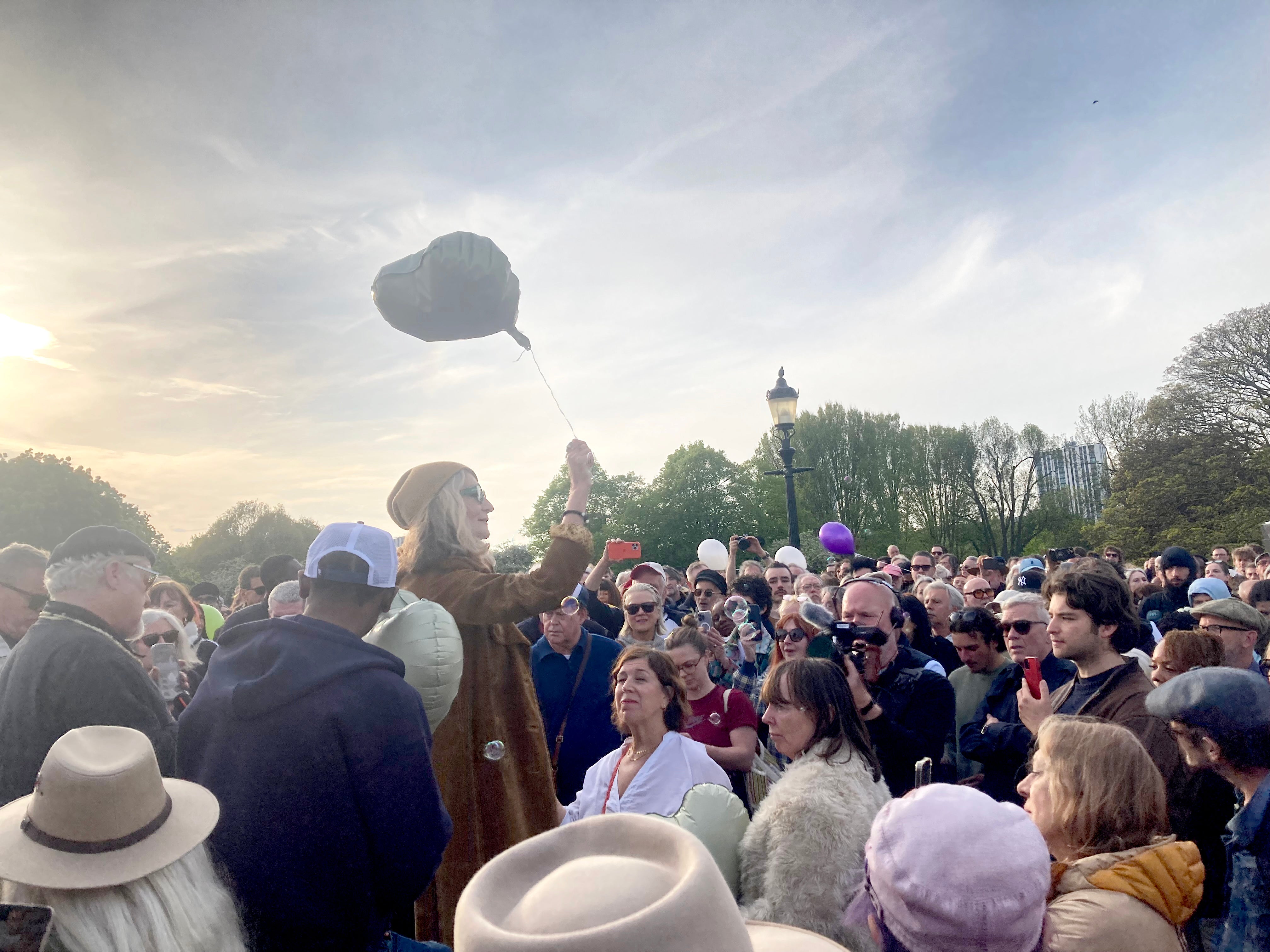 Finbar Sullivan's mother Leah Seresin at the balloon release during a vigil for her son on Primrose Hill (PA)
