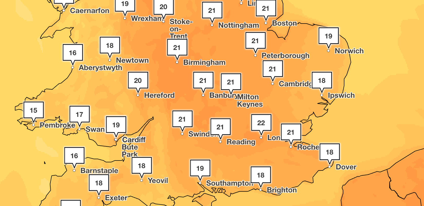 Temperatures will climb above 20C for much of England on Thursday and Friday