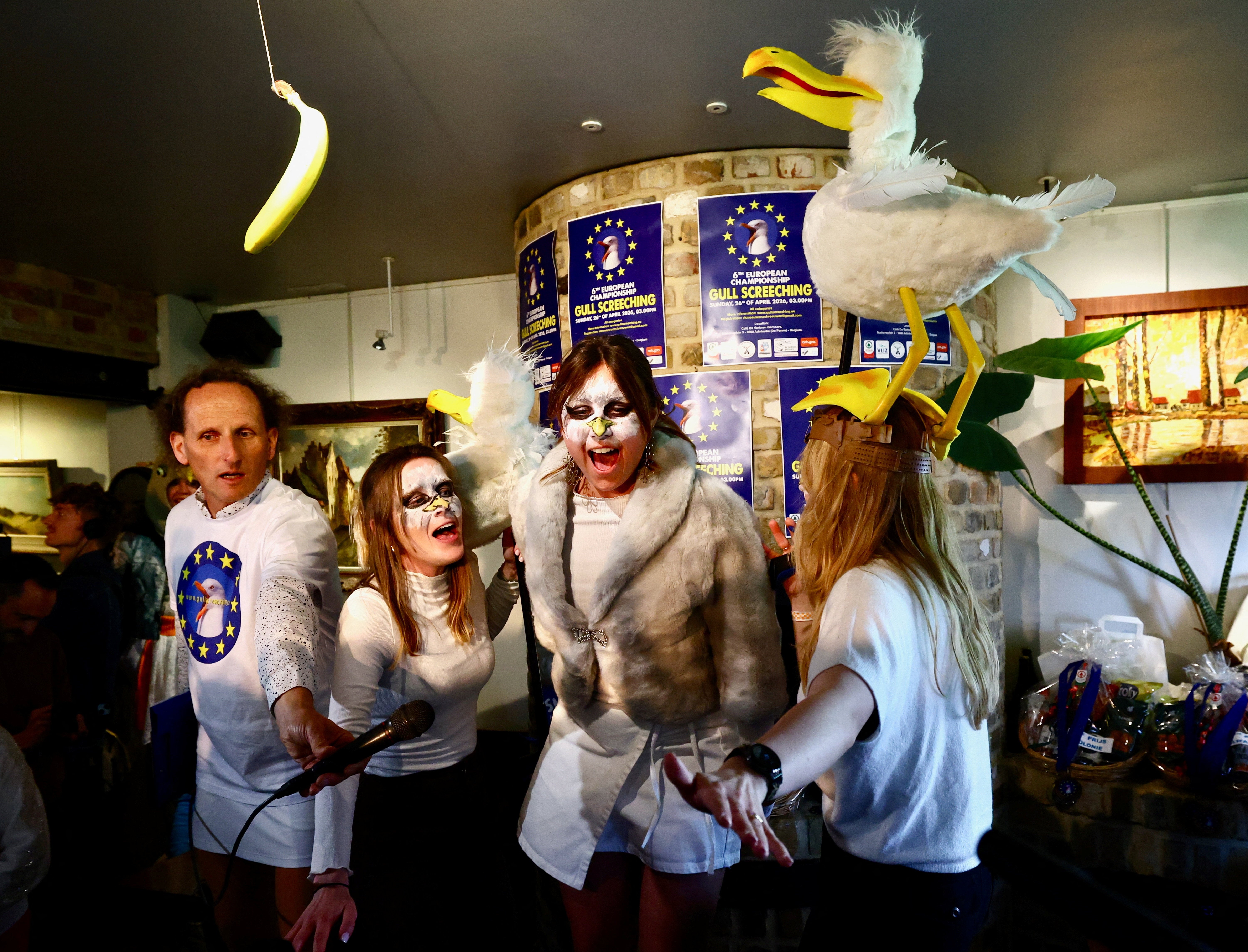 Competitors take part in the sixth edition of the European seagull screeching championship, in which contestants compete either solo or as part of a group and are judged by a jury for vocal skills and performance