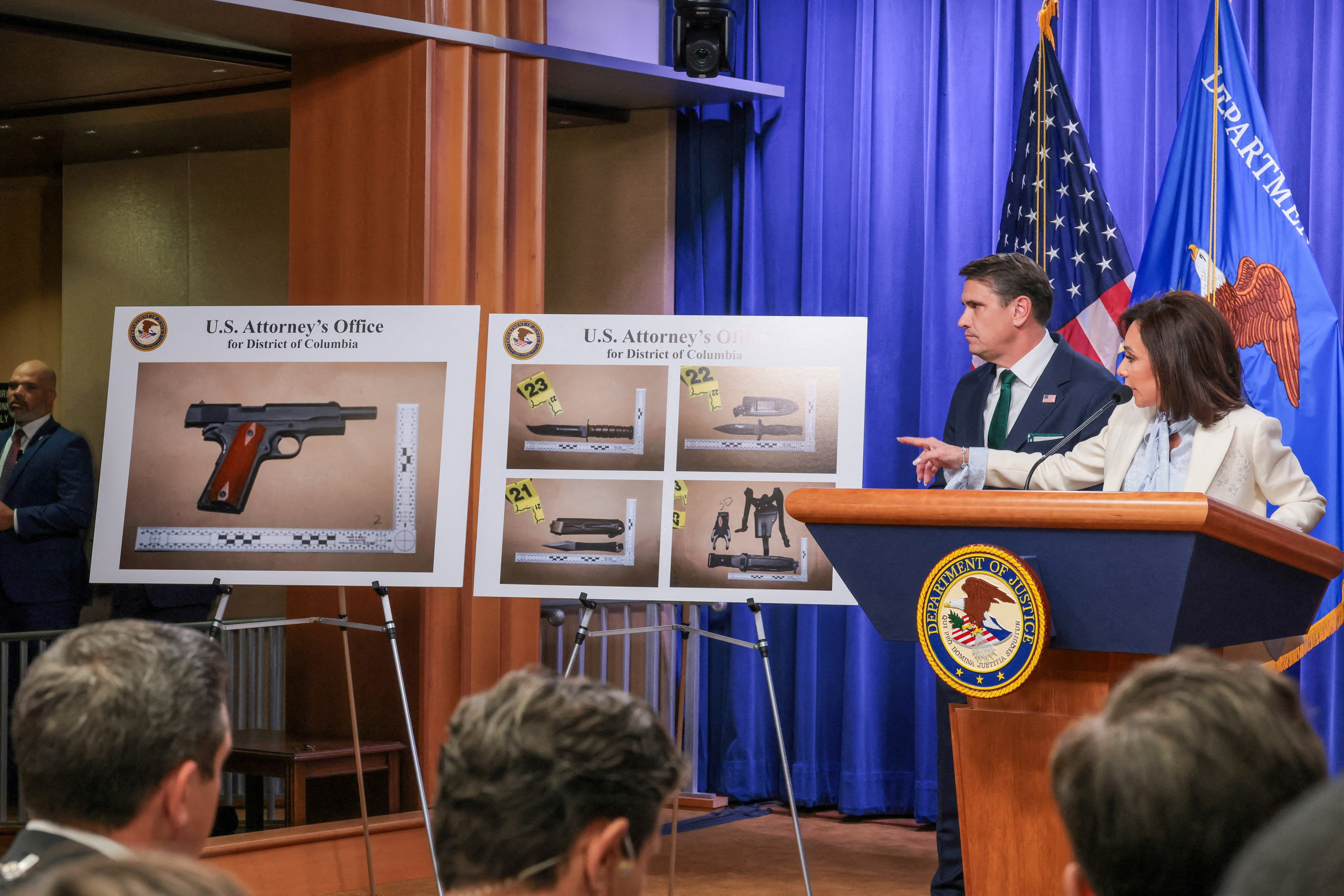 U.S. Attorney for the District of Columbia Jeanine Pirro points at pictures showing the weapons allegedly carried by Cole Tomas Allen, the suspect in the shooting incident in Washington at the annual White House Correspondents' Association dinner