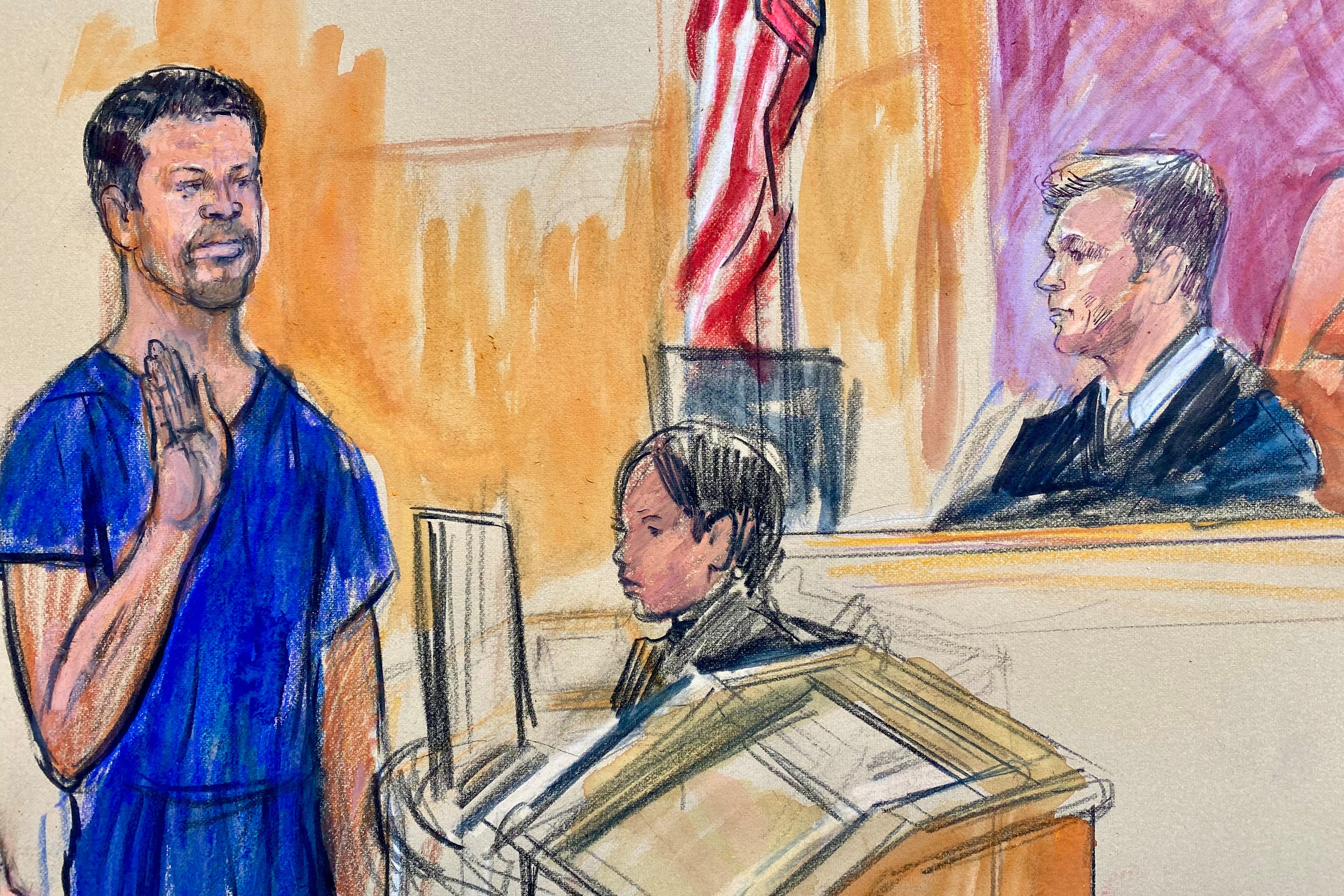 This courtroom sketch depicts Cole Tomas Allen, left, the California man arrested in the shooting incident at the correspondents' dinner in Washington, seen appearing before Magistrate Judge Matthew J. Sharbaugh, in federal court, Monday, April 27, 2026 in Washington