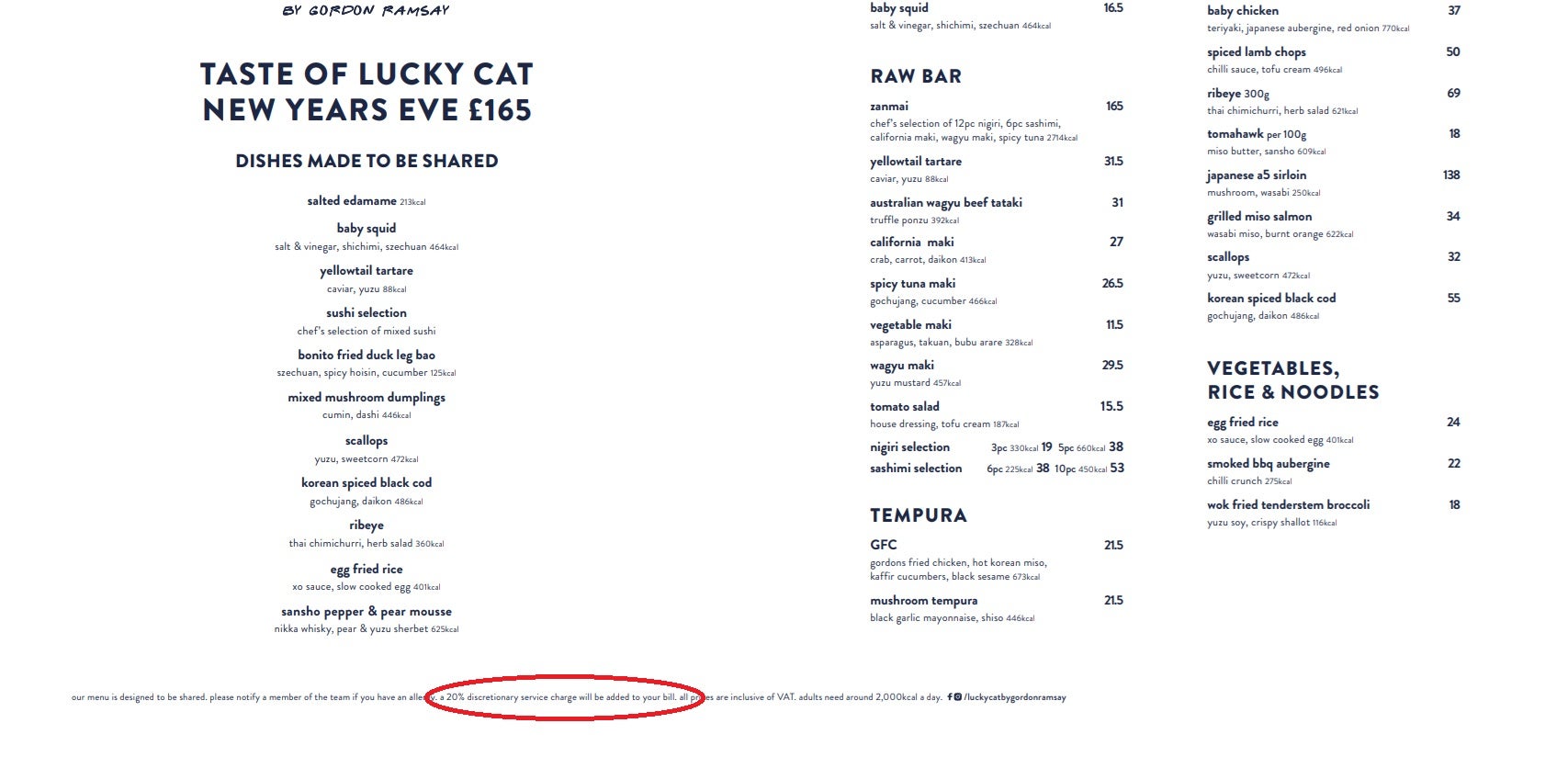 The New Year's Day menu at Lucky Cat with the 20 per cent discretionary service charge