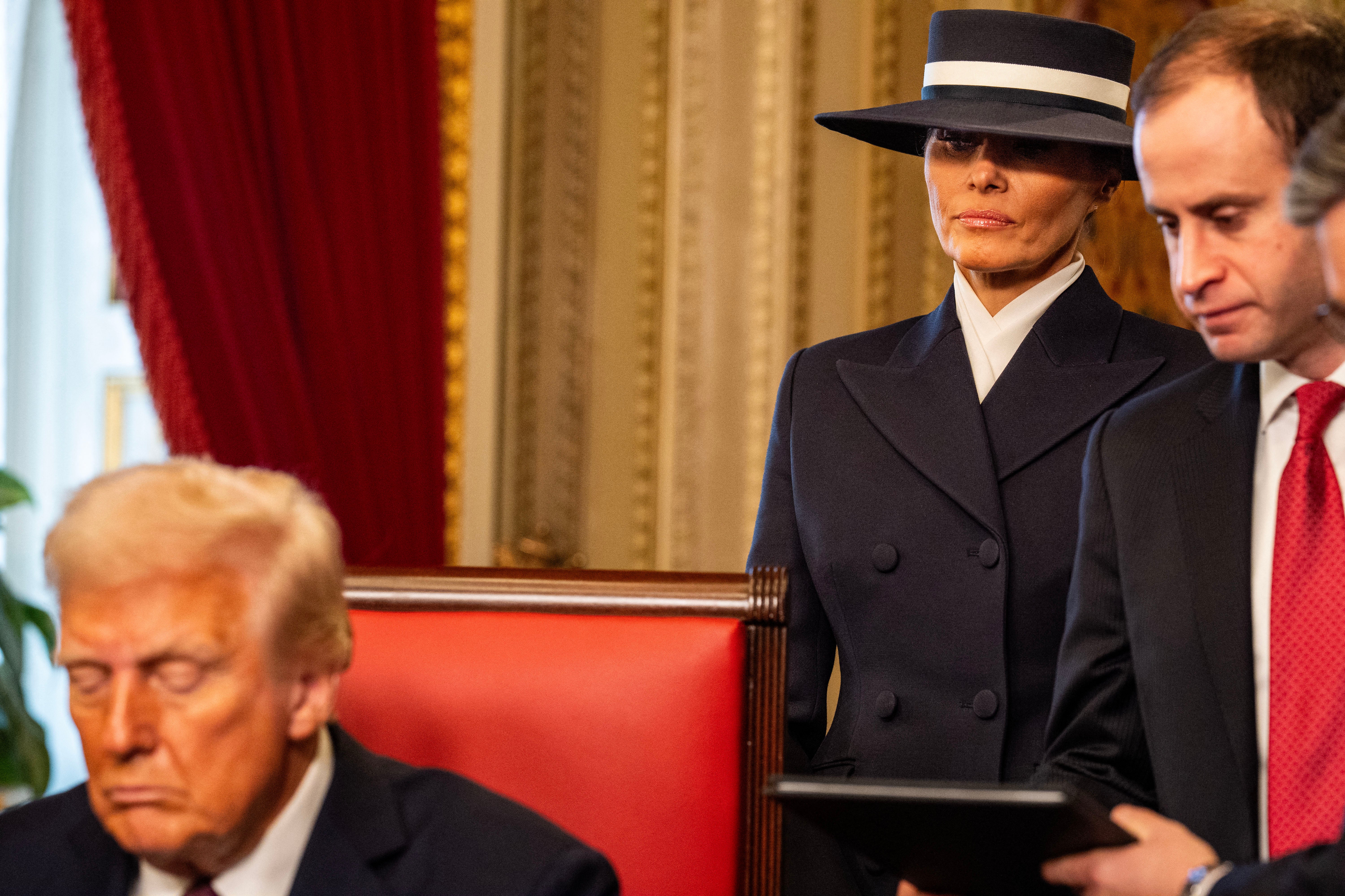 Melania wore a buttercream skirt suit by Adam Lippes during the British royals' visit, with Lippes previously dressing her in a navy coat for her husband's inauguration