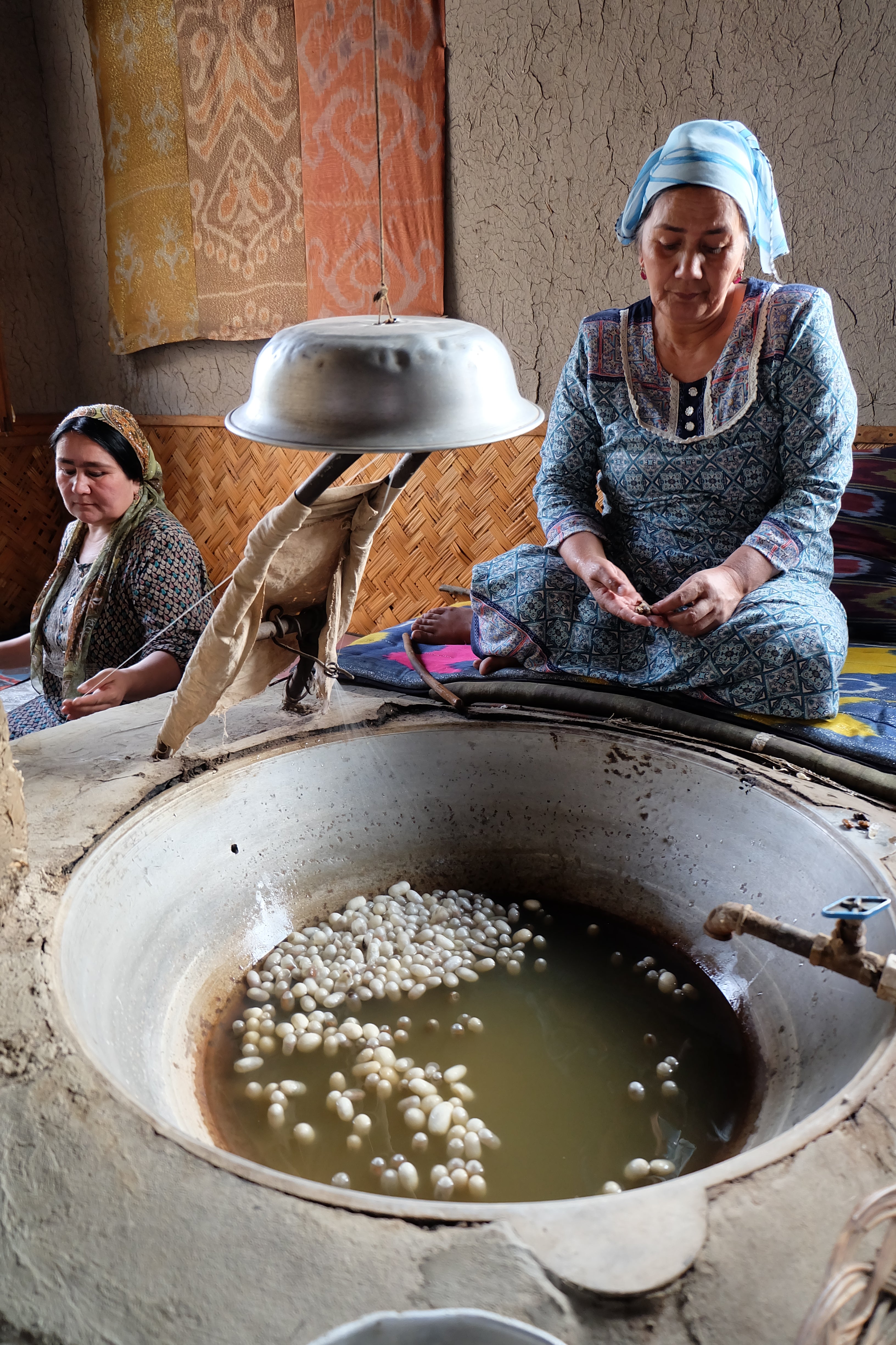 Silk being taken straight from silk moth cooccoons in Farg’ona valley in far East of Uz