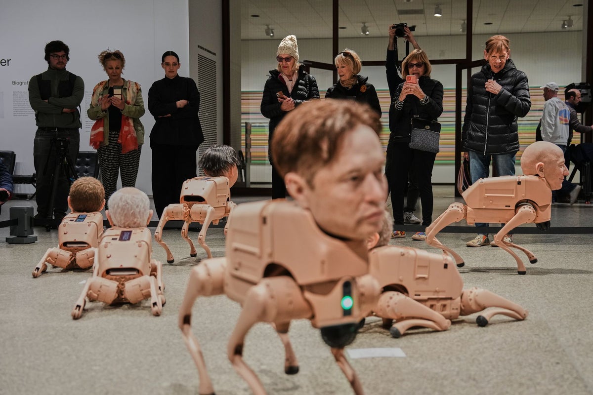 Robot dogs with Musk and Zuckerberg heads roam gallery for new exhibit