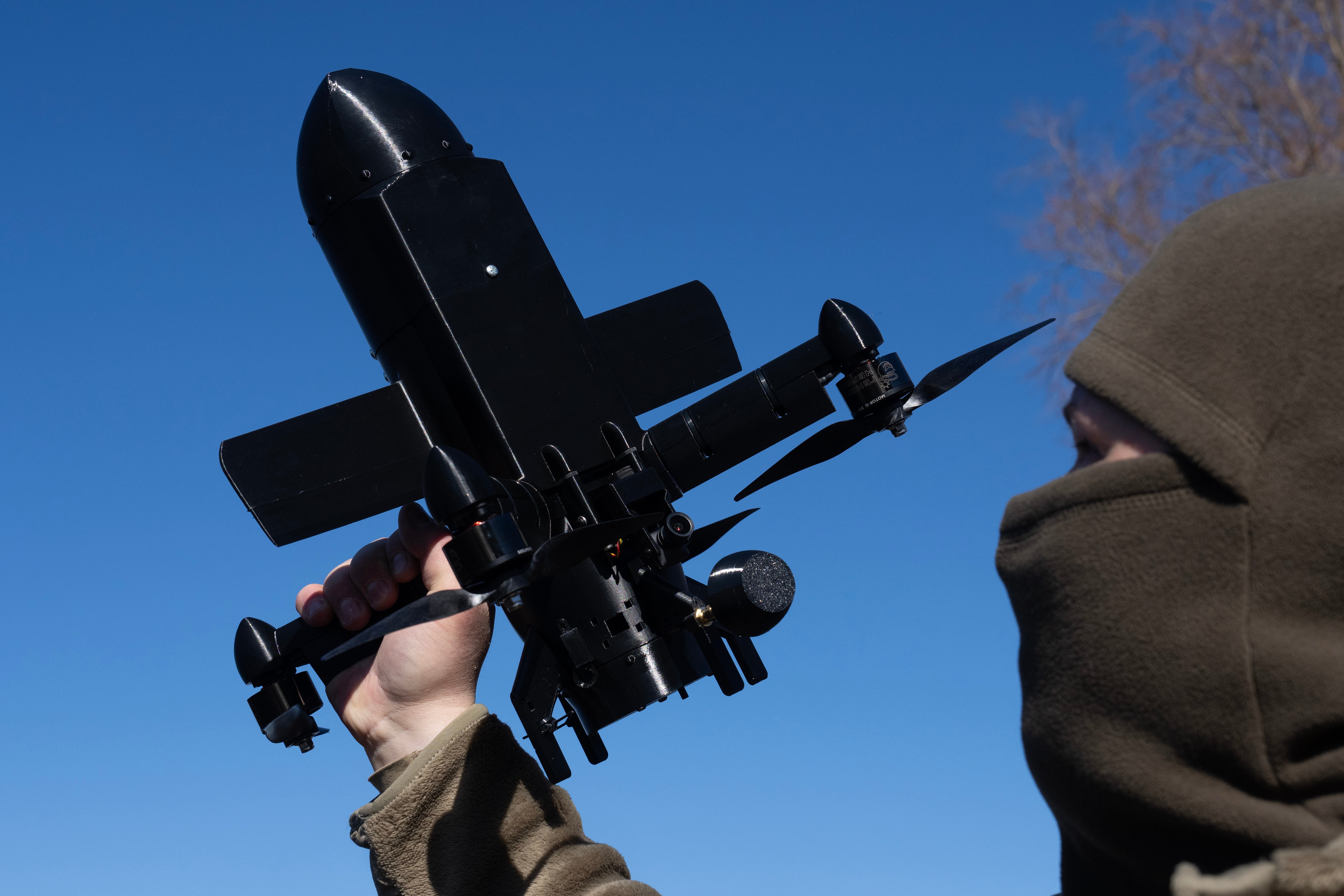 An instructor from the Ukrainian company General Cherry demonstrates the operation of an anti-air interceptor drone designed to destroy Russian attack drones in Kyiv region