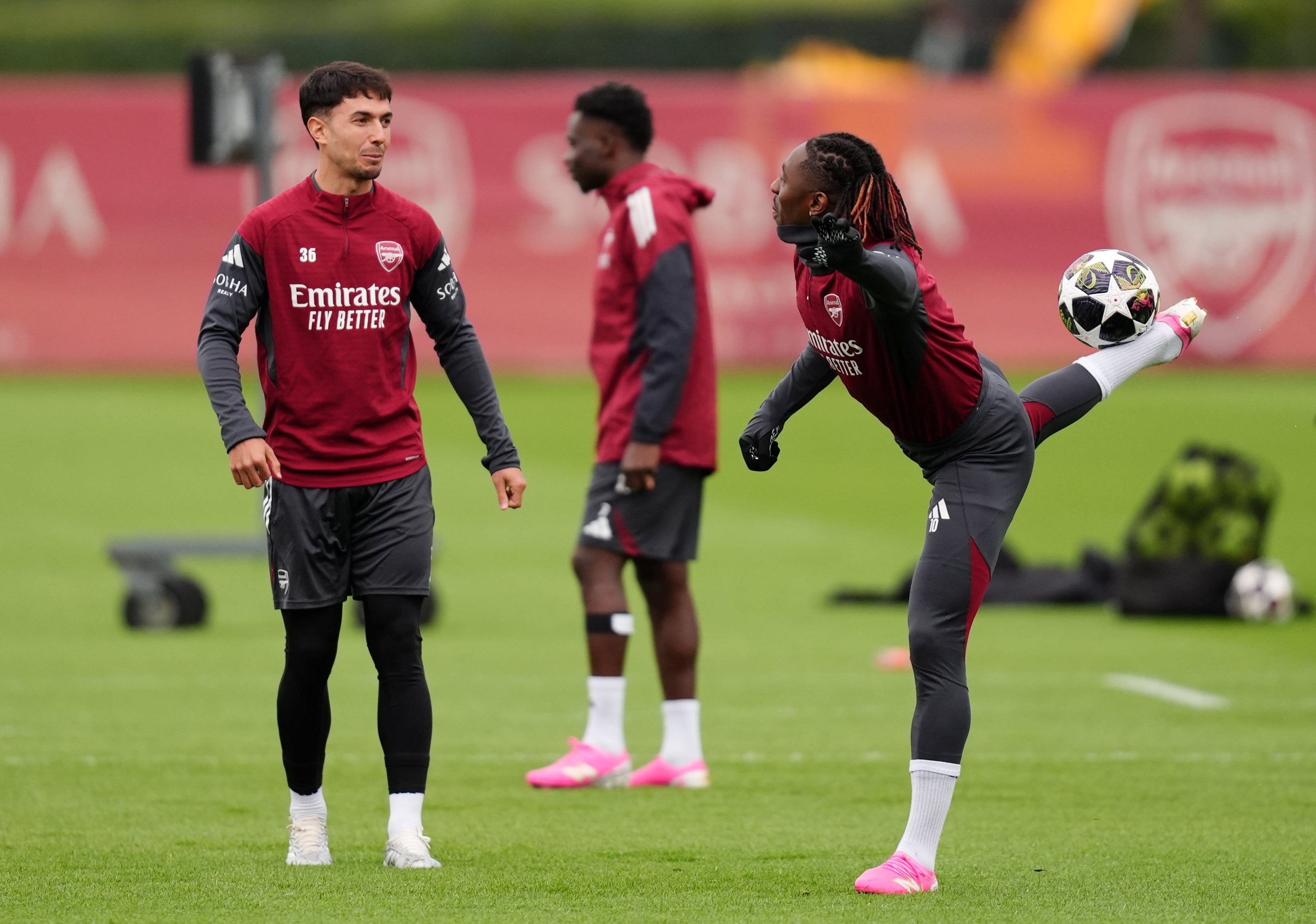 Arsenal’s Martin Zubimendi (left) and Eberechi Eze during a training session (John Walton/PA)