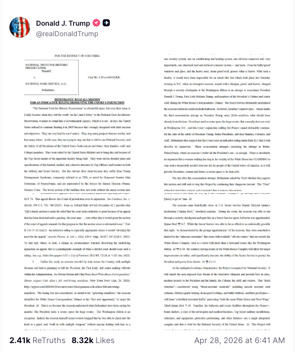 This Truth Social post includes the legal document that appears to have been authored by Trump himself