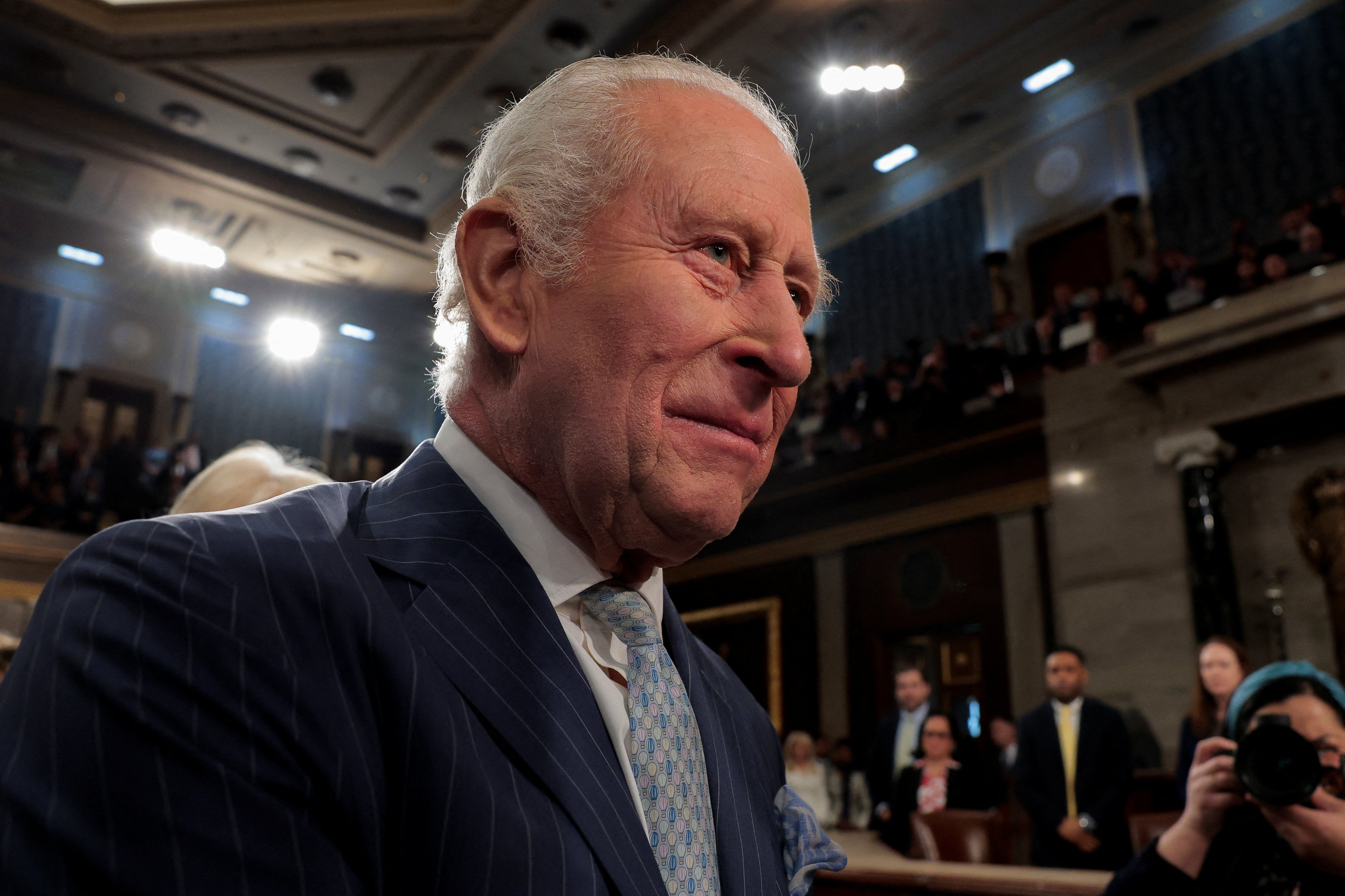 Britain's King Charles leaves after his address to a joint meeting of Congress in the House Chamber of the U.S. Capitol in Washington, D.C