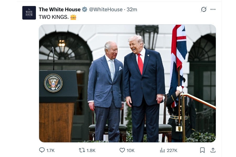 California Gov. Gavin Newsom has called President Donald Trump the ‘King of Bulls***’ after the White House shared an image of the president and King Charles III captioned ‘TWO KINGS’