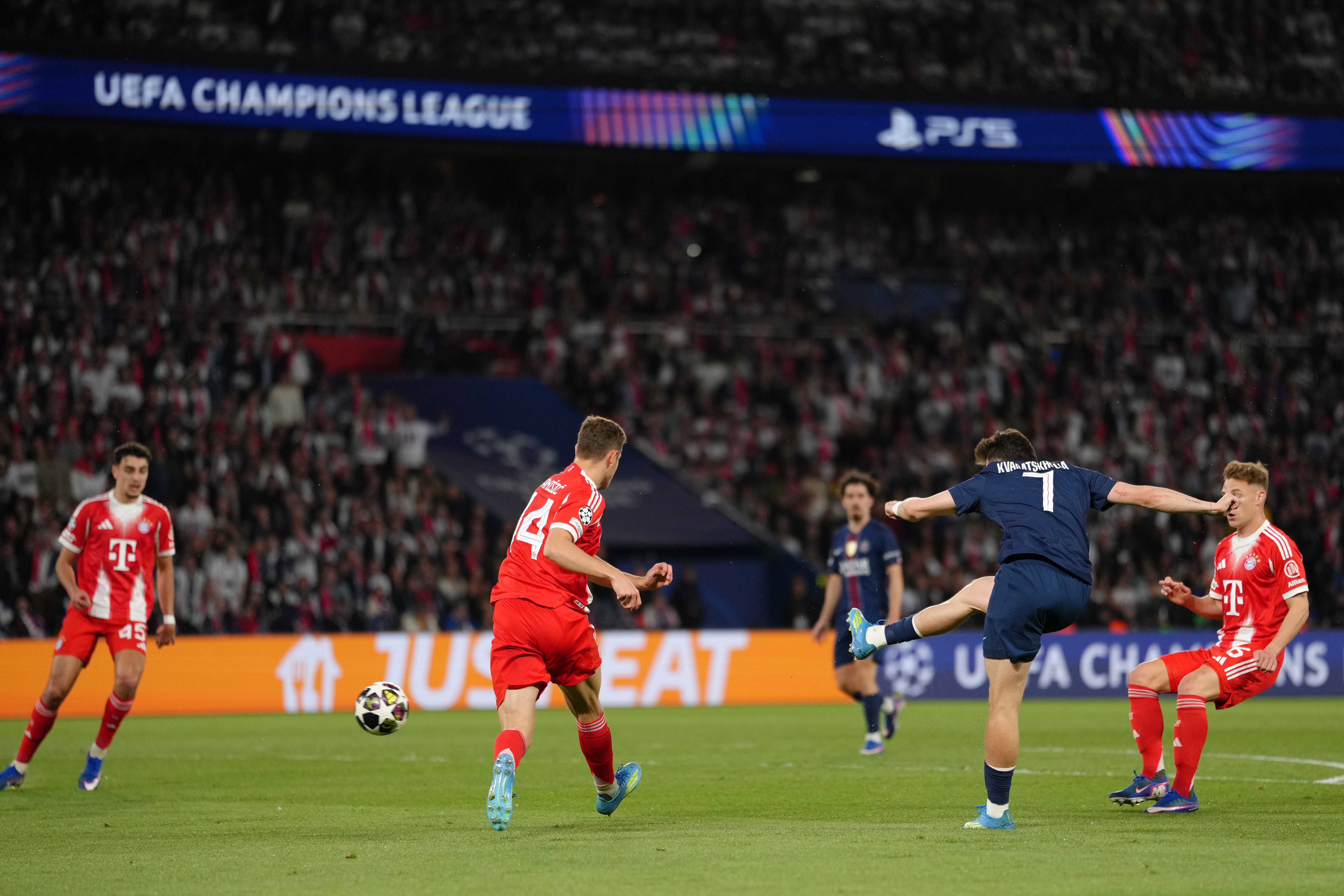 Khvicha Kvaratskhelia scored twice to ensure PSG ended the match with a slim lead over Bayern