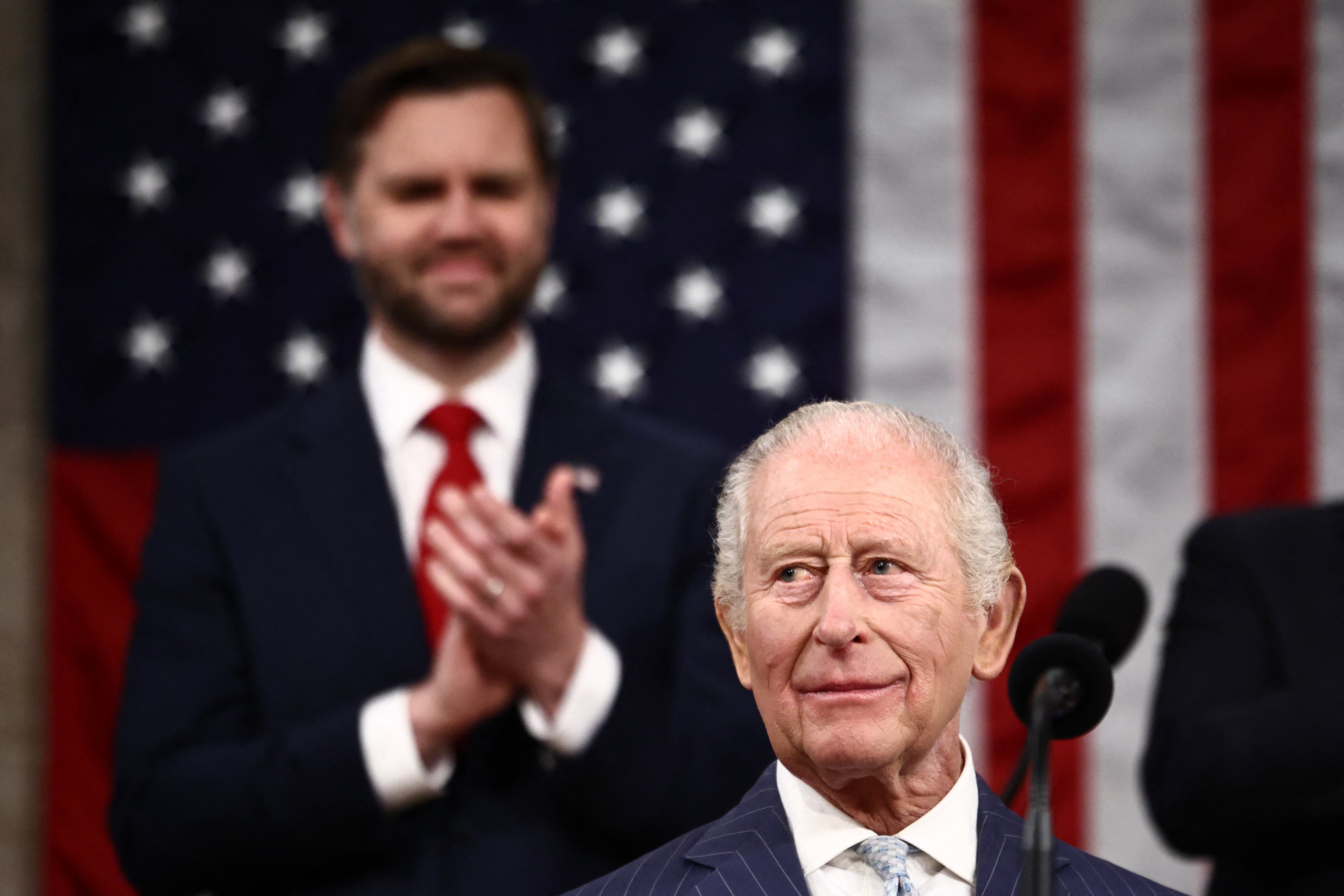 US Vice President JD Vance applauds as Britain's King Charles III addresses a Joint Meeting of Congress in the House Chamber at the US Capitol in Washington, DC, on April 28, 2026. (Photo by Henry NICHOLLS / POOL / AFP via Getty Images)