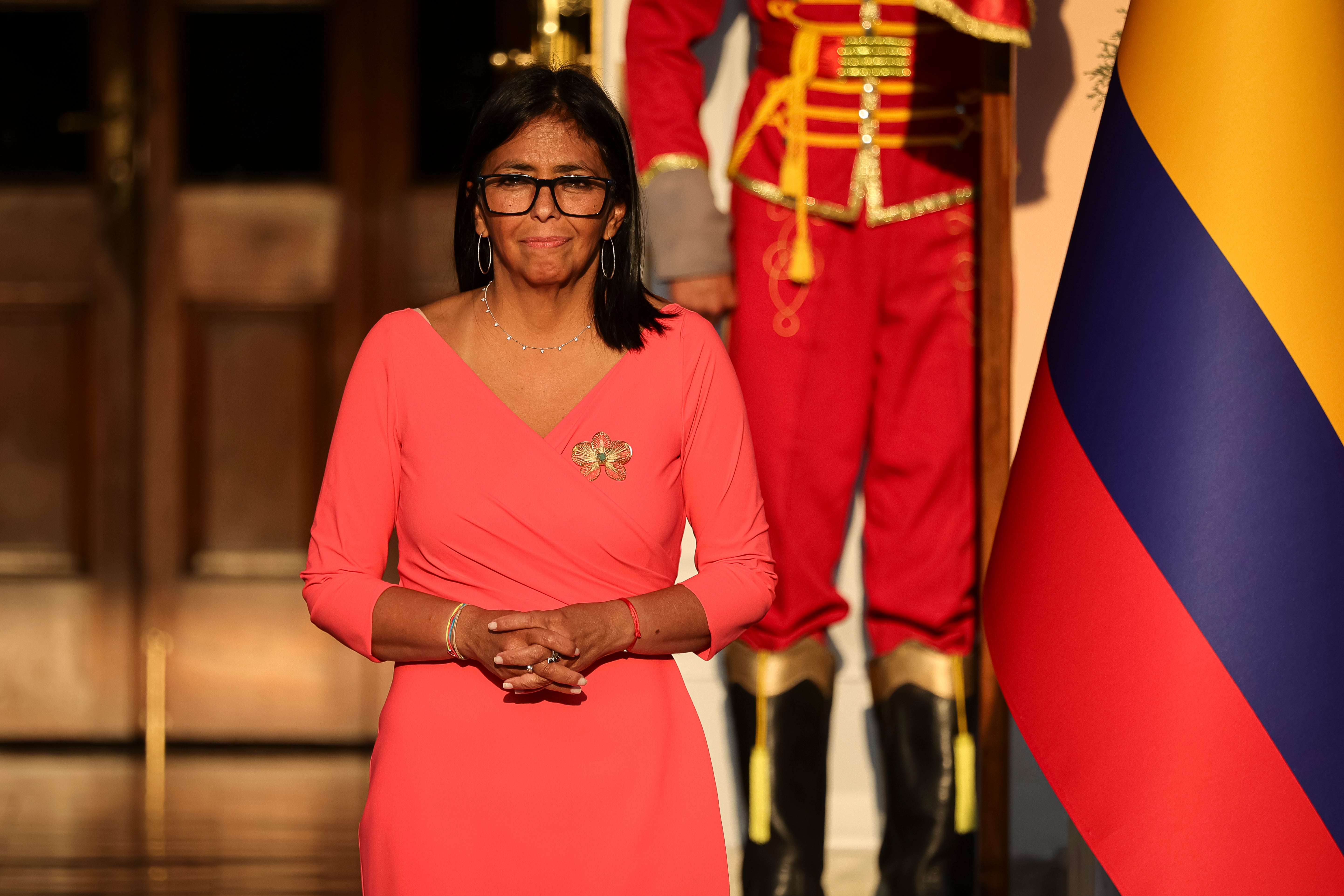 Interim President of Venezuela Delcy Rodríguez speaks during an official visit to Venezuela at Miraflores Palace on April 24, 2026